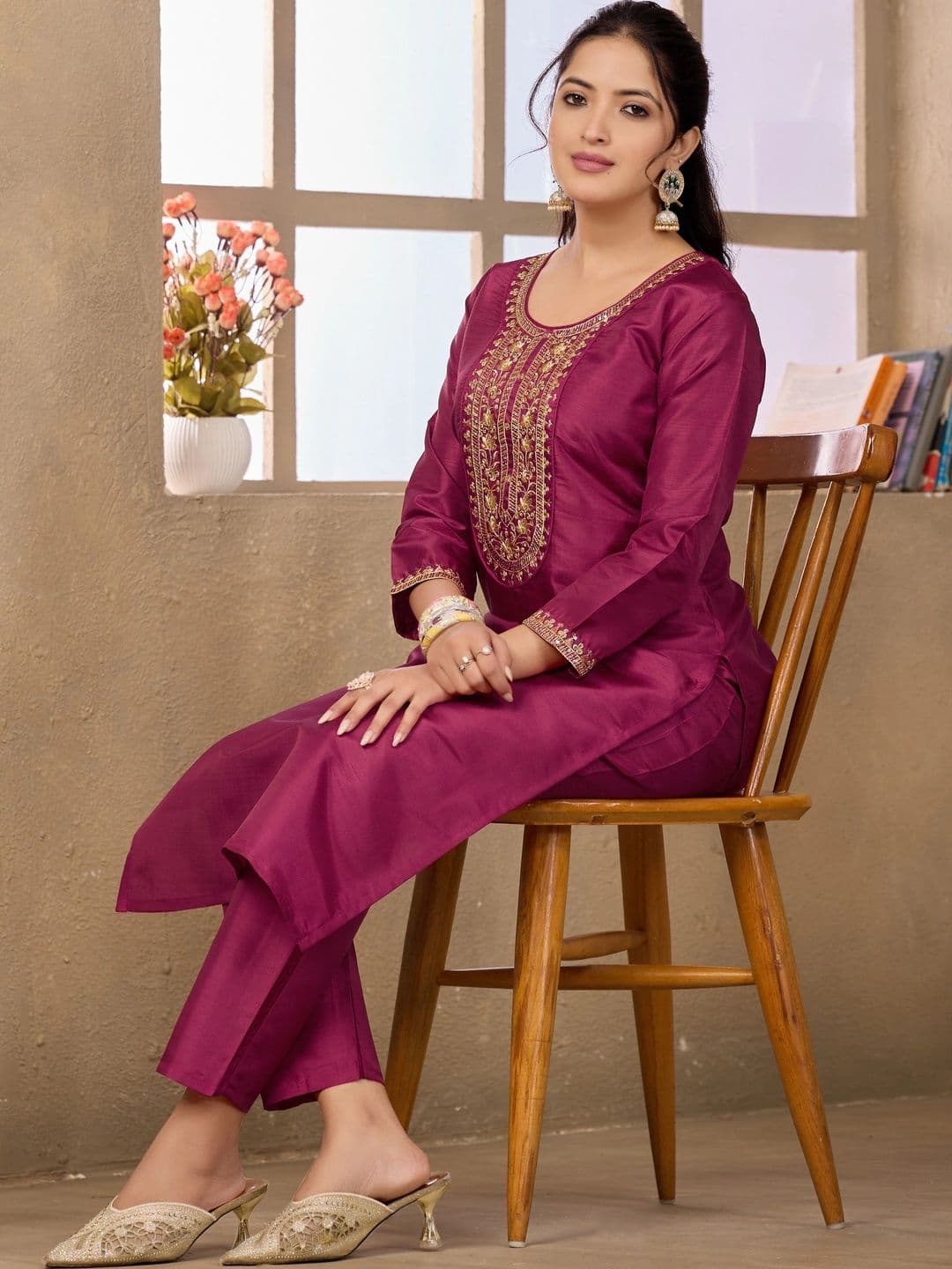 Sangria Embroidered Tunic with Trousers thumbnail 4
