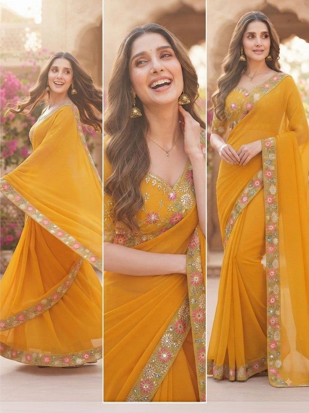 SmileyFashion Floral Art Silk Saree thumbnail 2