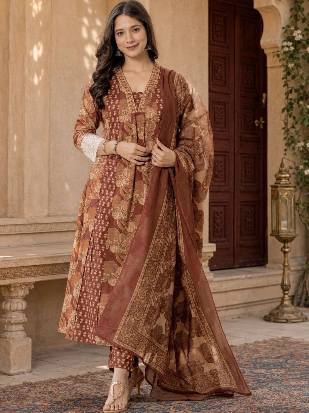 Sangria Women Floral Printed Empire Pure Cotton Kurta with Trousers & With Dupatta thumbnail 2