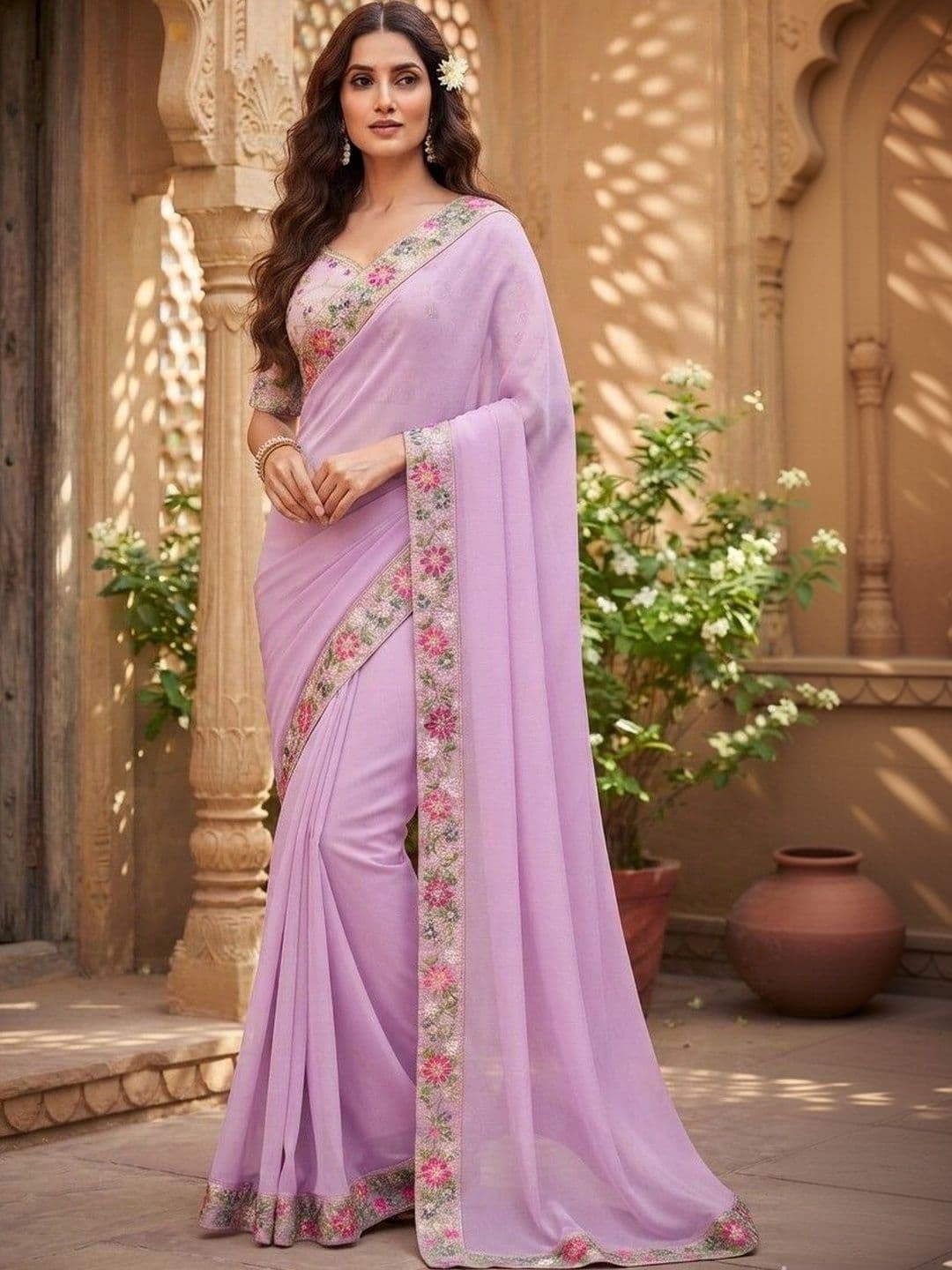 SmileyFashion Floral Embroidered Art Silk Saree thumbnail 2
