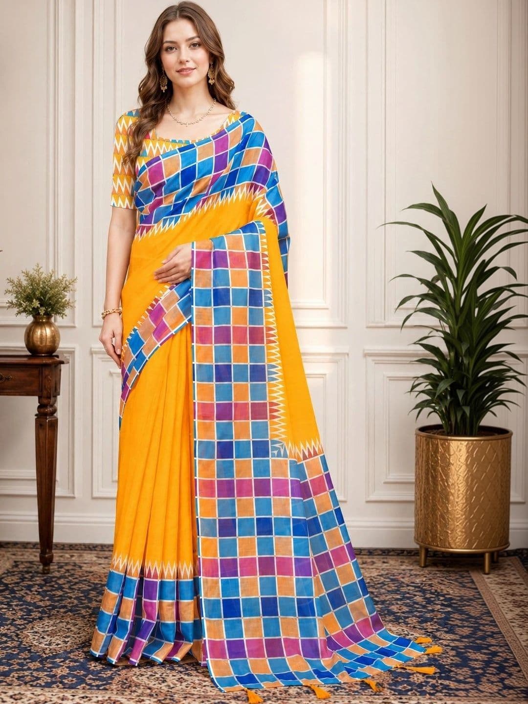 V3 FASHION STUDIO Checked Zari Linen Blend Handloom Block Print Saree - view 1