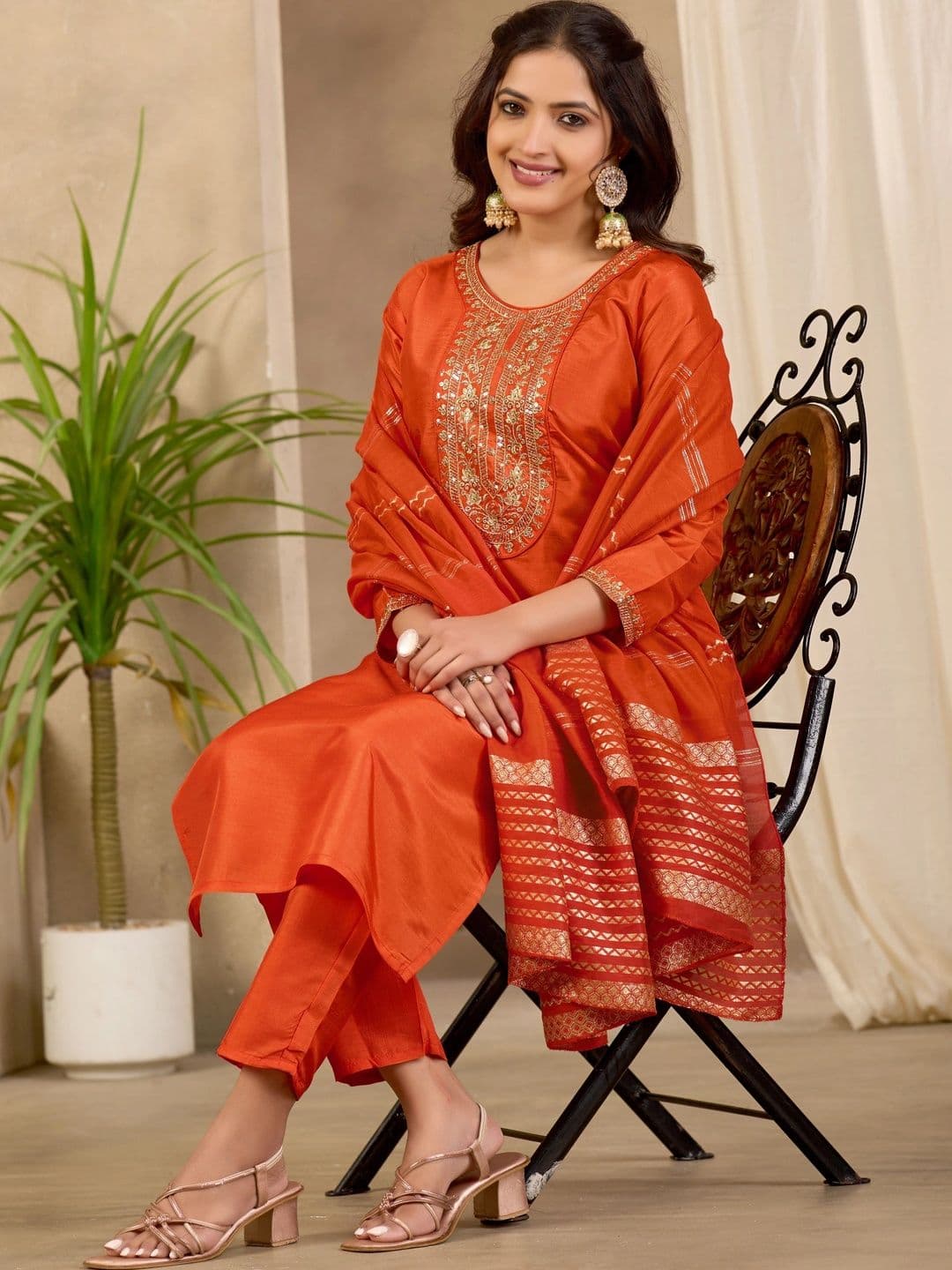Sangria Women Ethnic Motifs Embroidered Regular Kurta with Trousers & With Dupatta thumbnail 3