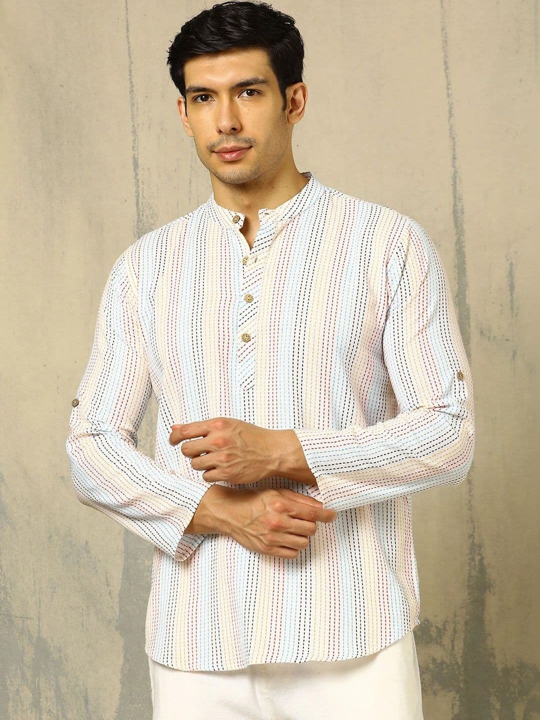 Anouk Woven Design Striped Cotton Handloom Mandarin Collar Short Kurta - view 1