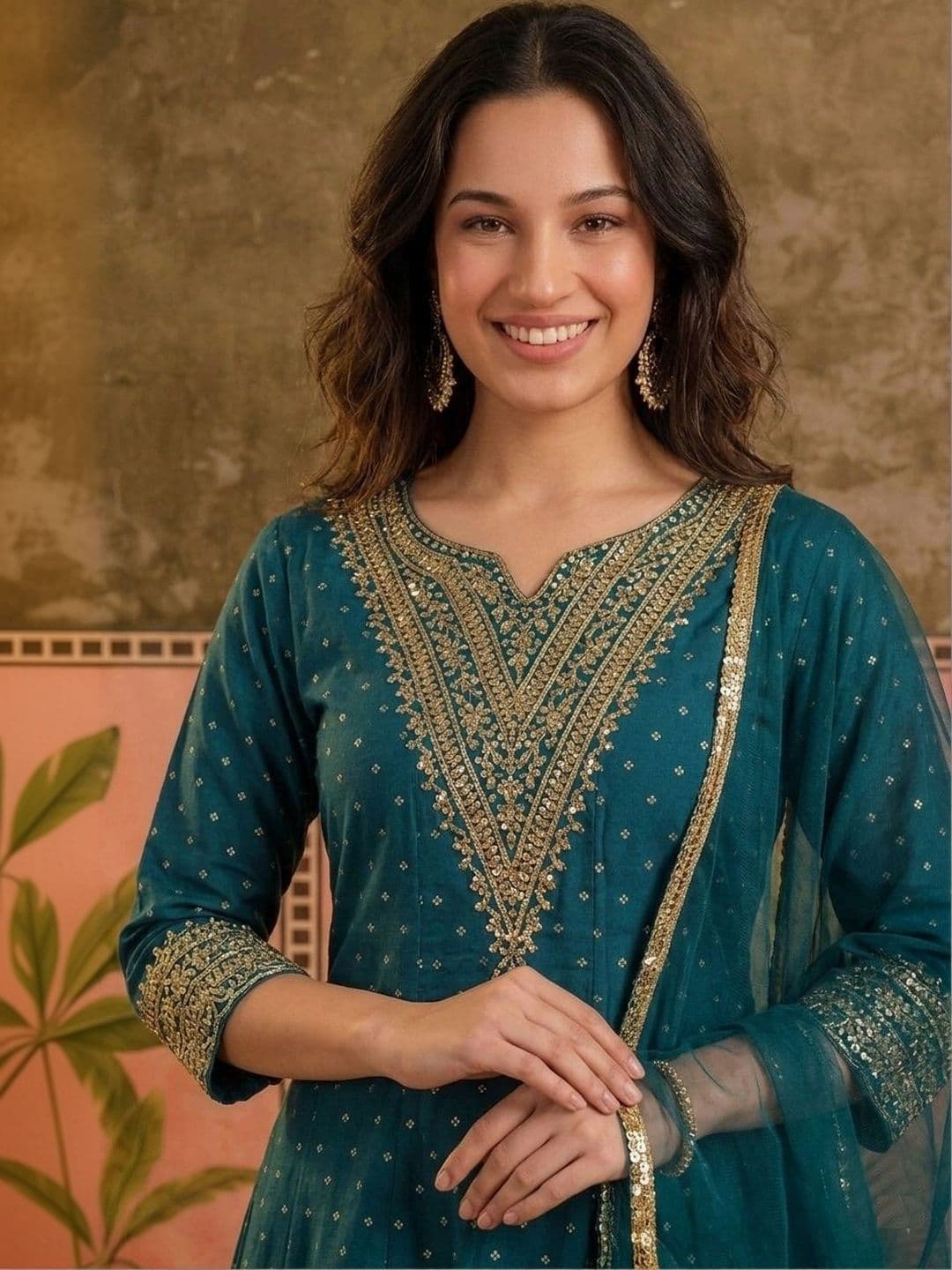 Sangria Women Ethnic Motifs Printed Regular Thread Work Pure Silk Kurta with Trousers & With Dupatta thumbnail 4