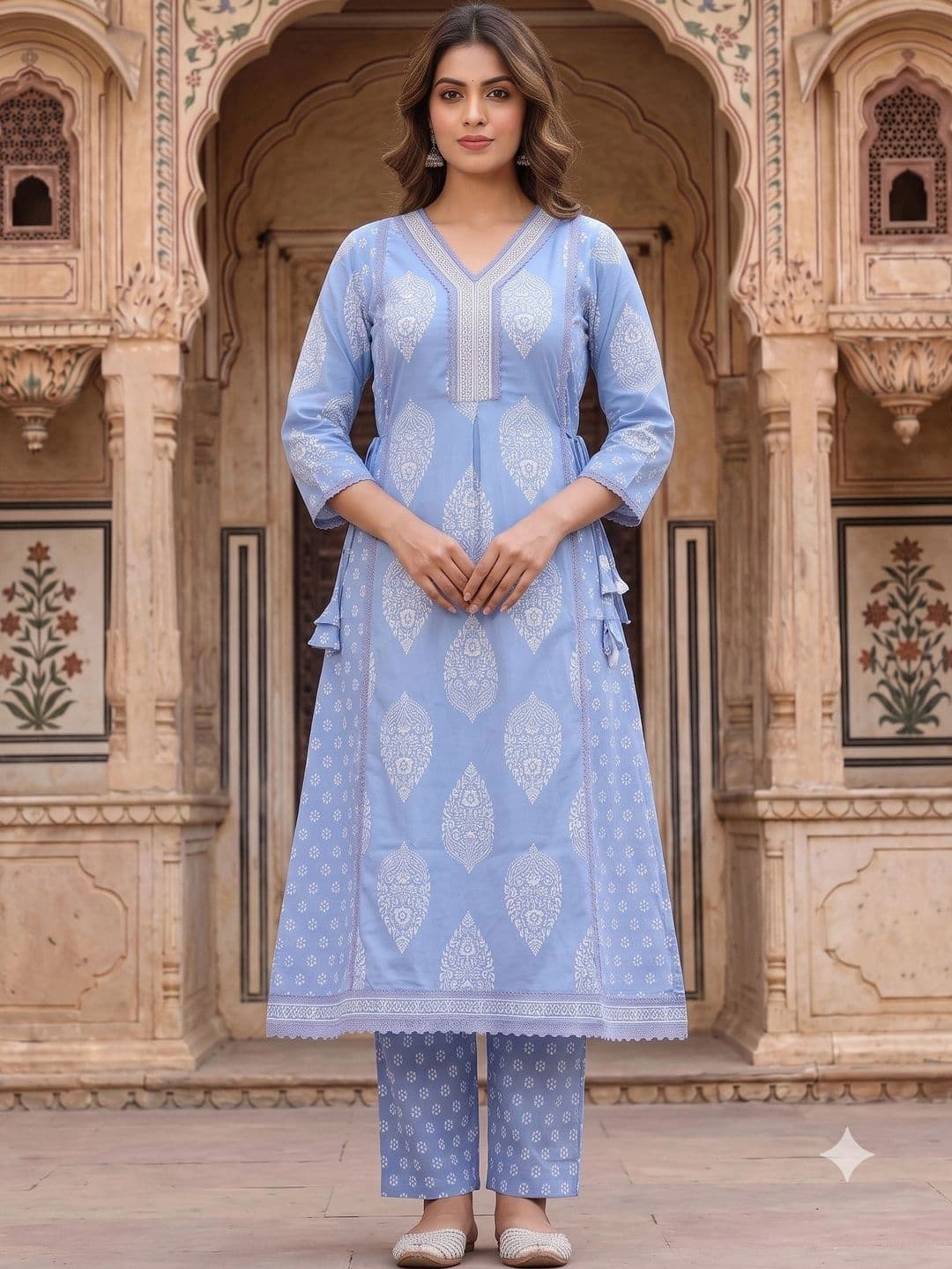 KALINI Women Ethnic Motifs Printed Angrakha Sequinned Pure Cotton Kurta with Trousers & With Dupatta thumbnail 3
