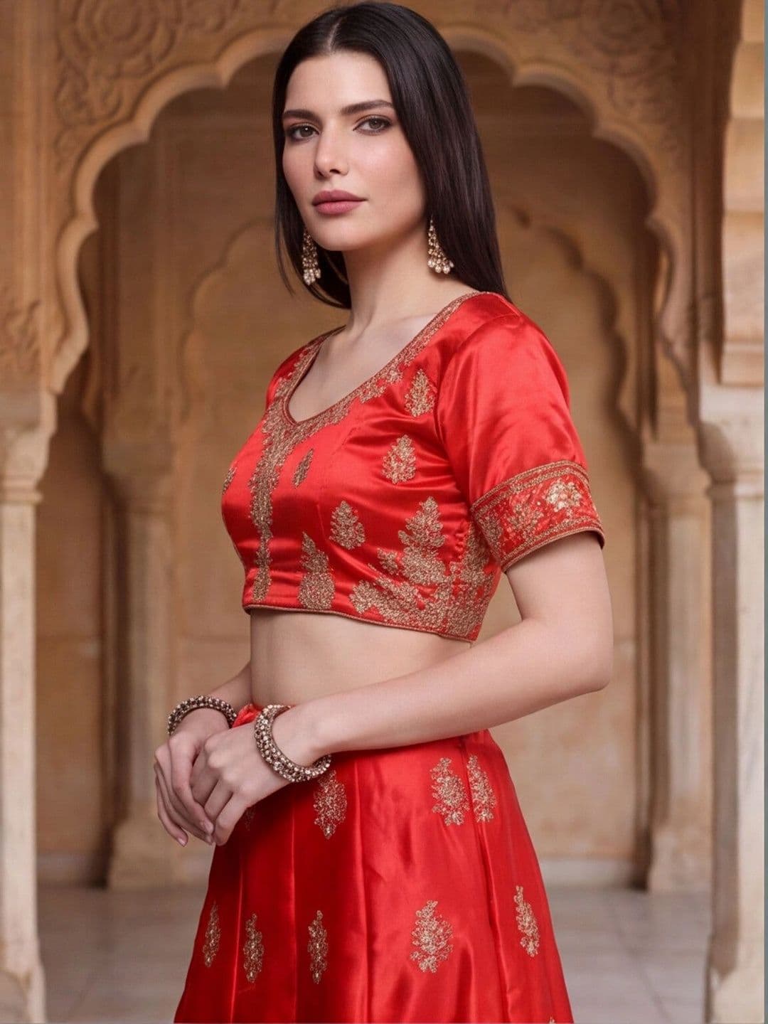 Mitera Embroidered Semi-Stitched Lehenga & Unstitched Blouse With Dupatta thumbnail 2