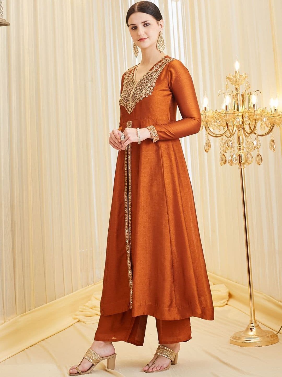Colors  of Earth Colors of Earth Silk Embroidered Anarkali Kurta And Palazzo Set With Dupatta thumbnail 6