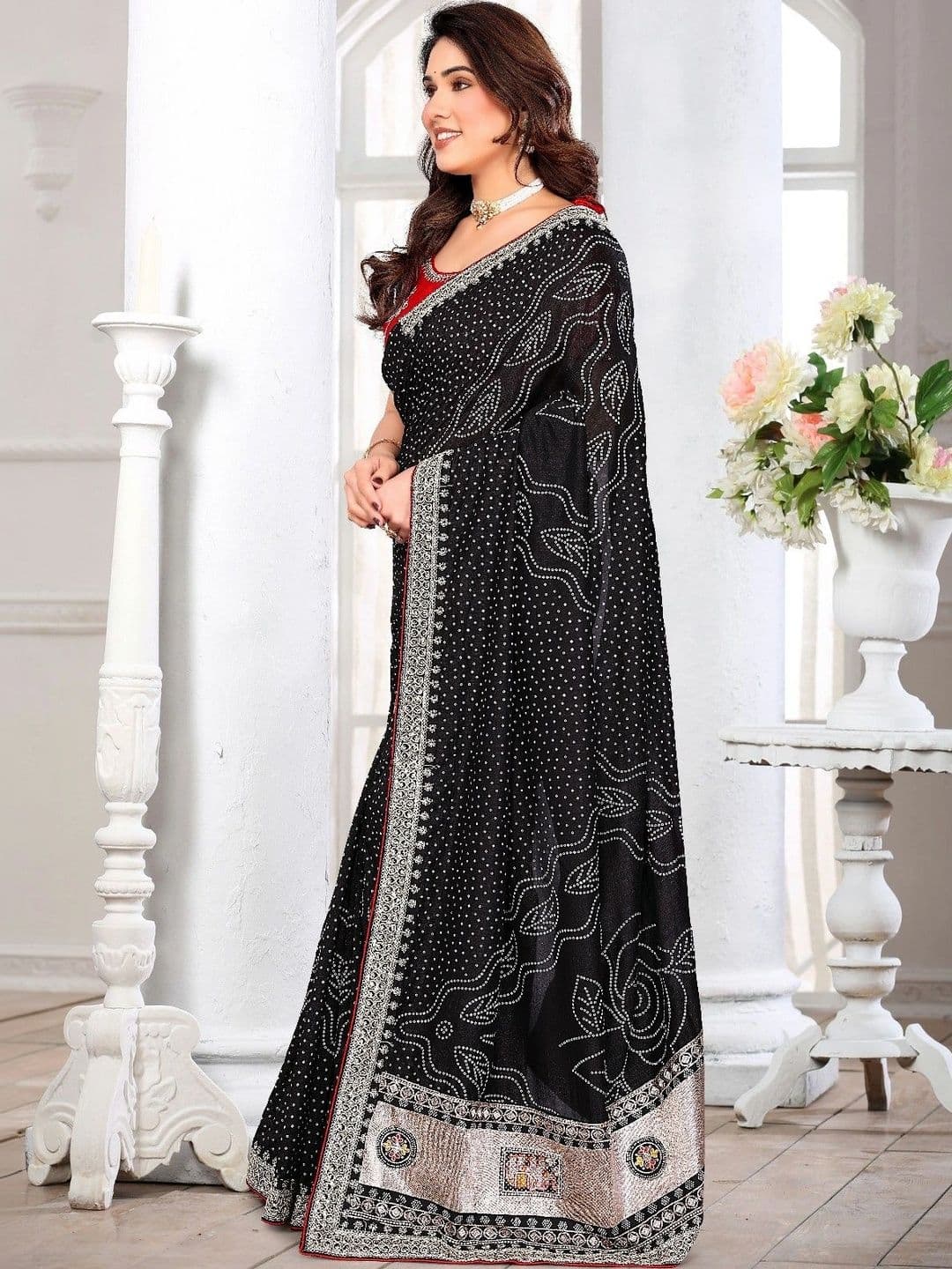 SmileyFashion Bandhani Embroidered Art Silk Designer Saree thumbnail 4