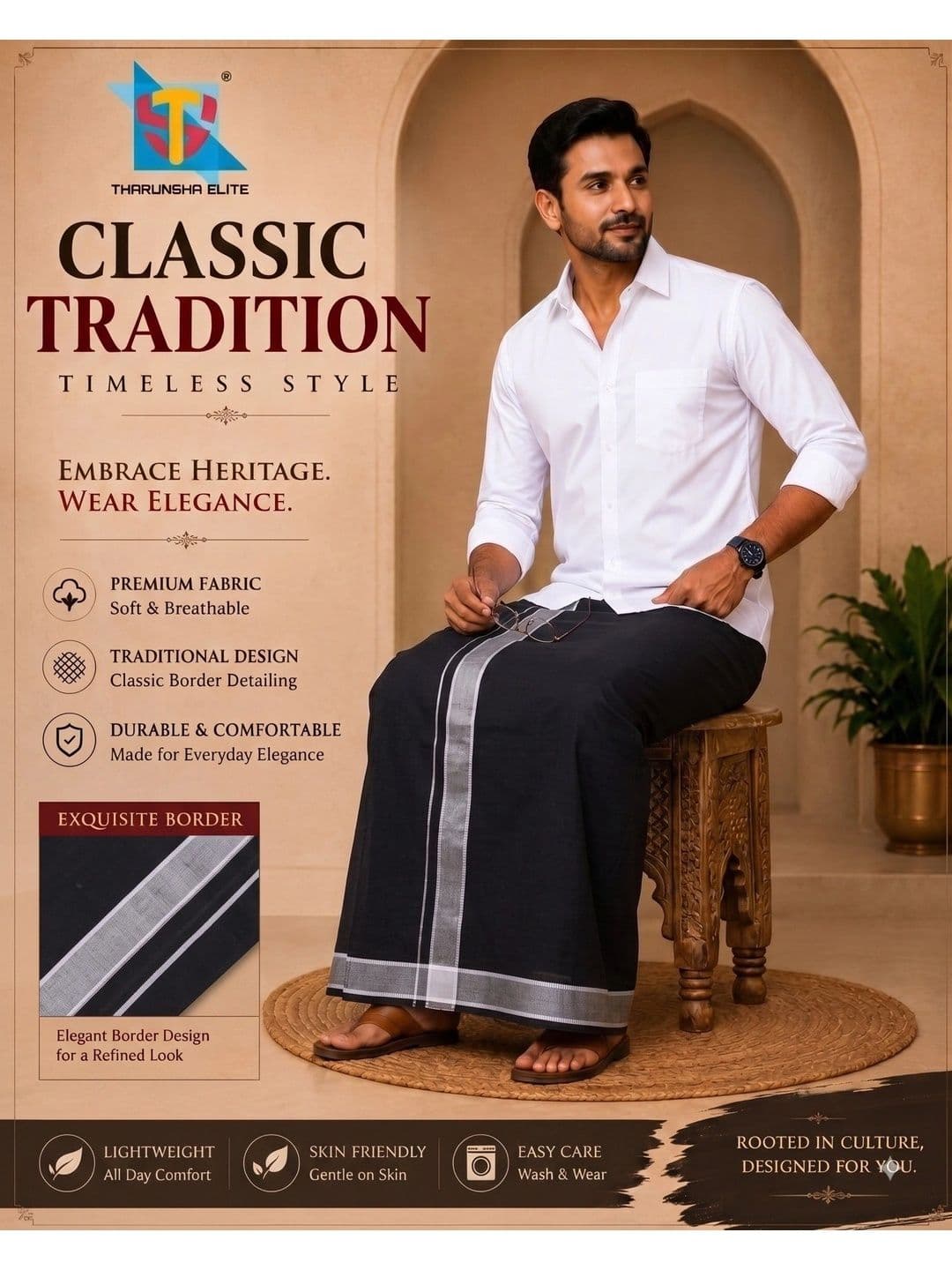 Tharunsha Elite Men Striped Cotton Dhoti Dhotis thumbnail 3