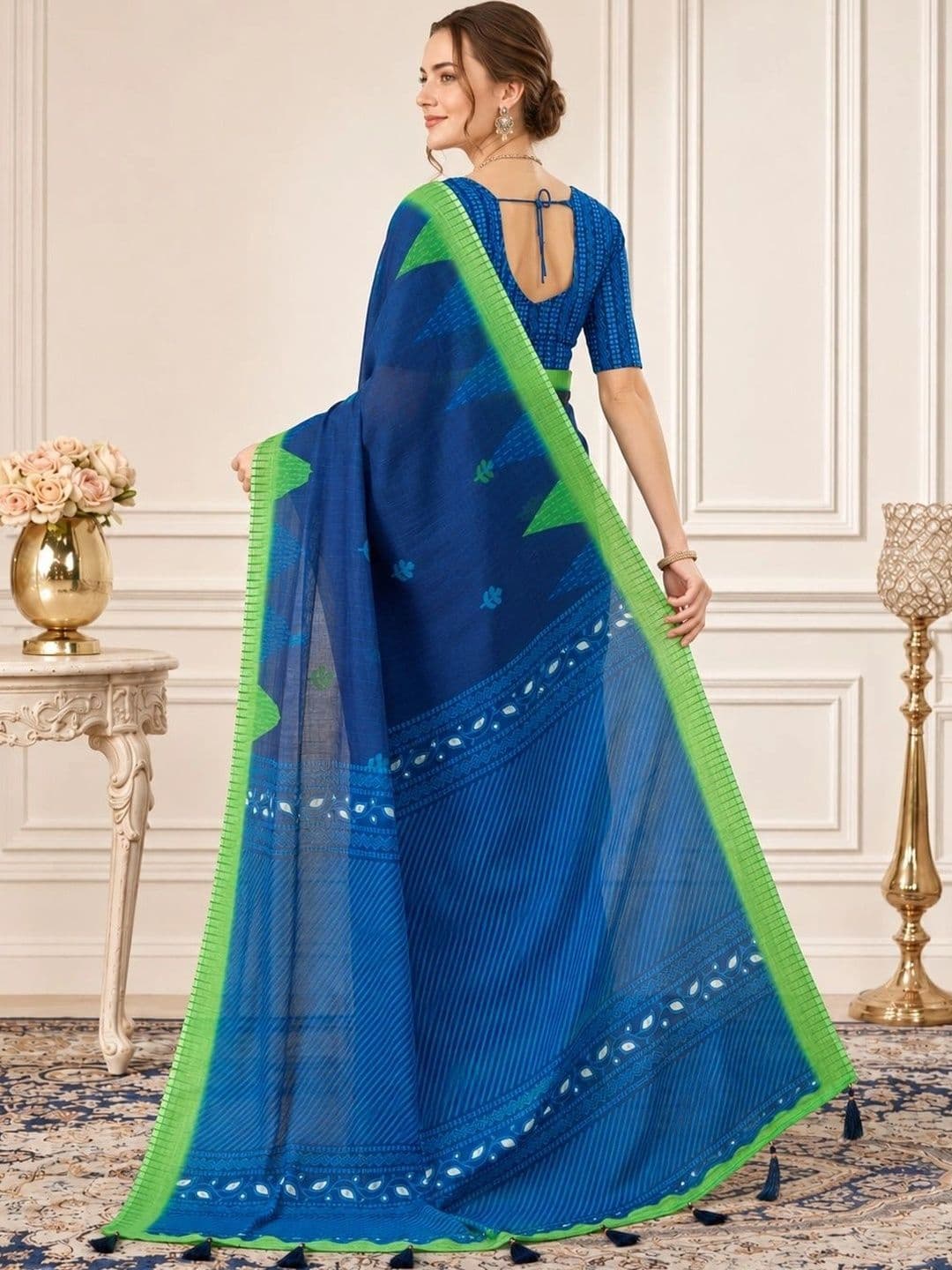 V3 FASHION STUDIO Ethnic Motifs Zari Linen Blend Handloom Block Print Saree thumbnail 5