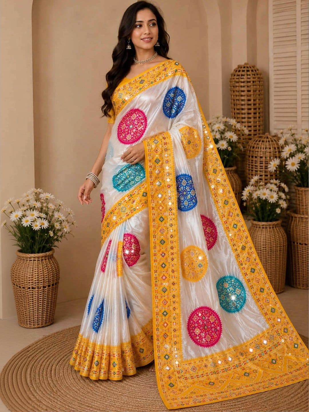 DJV Fashion Woven Design Mirror Work Silk Blend Ikat Saree - view 1