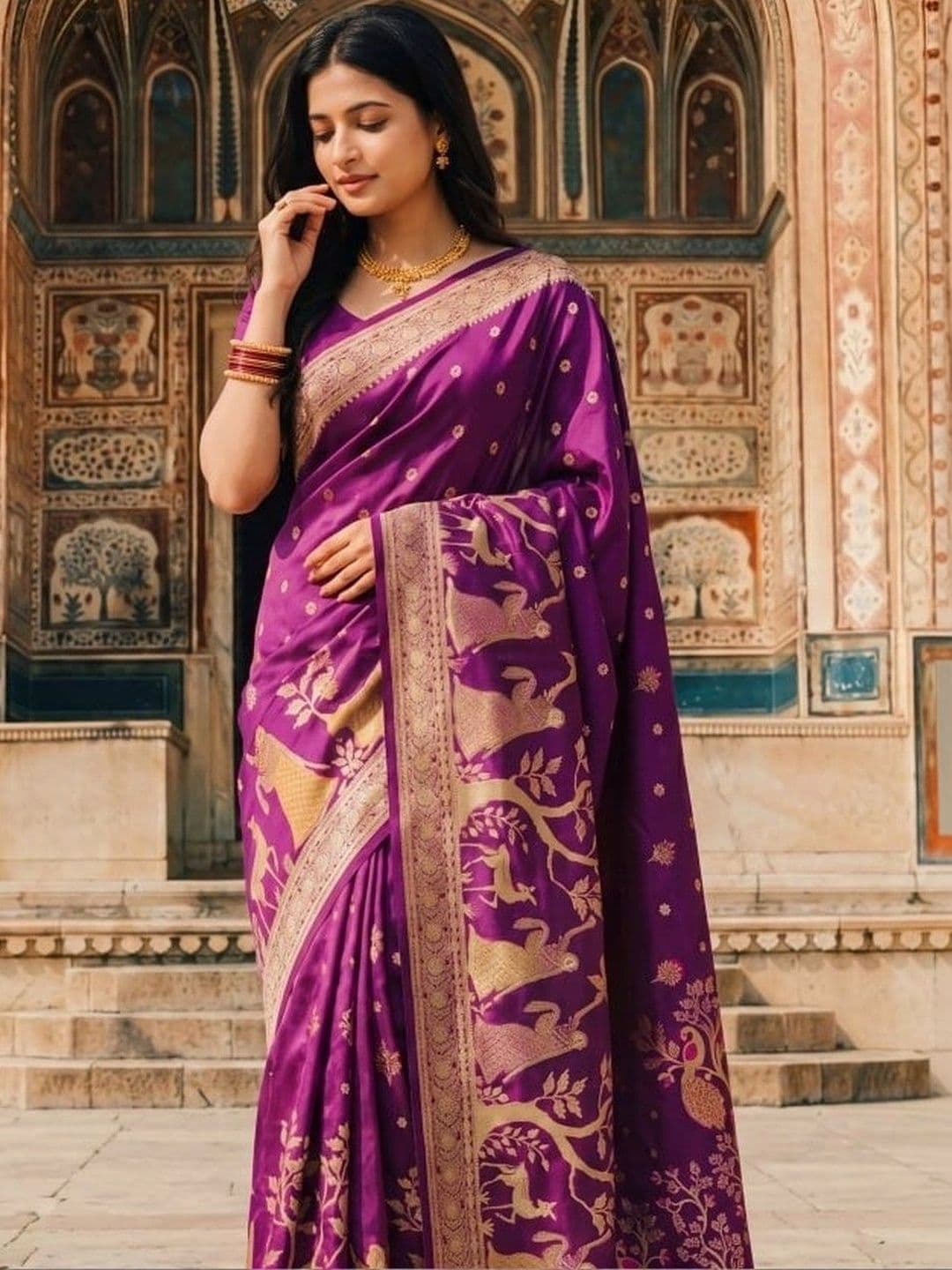 KALINI Floral Zari Silk Blend Banarasi Saree thumbnail 2