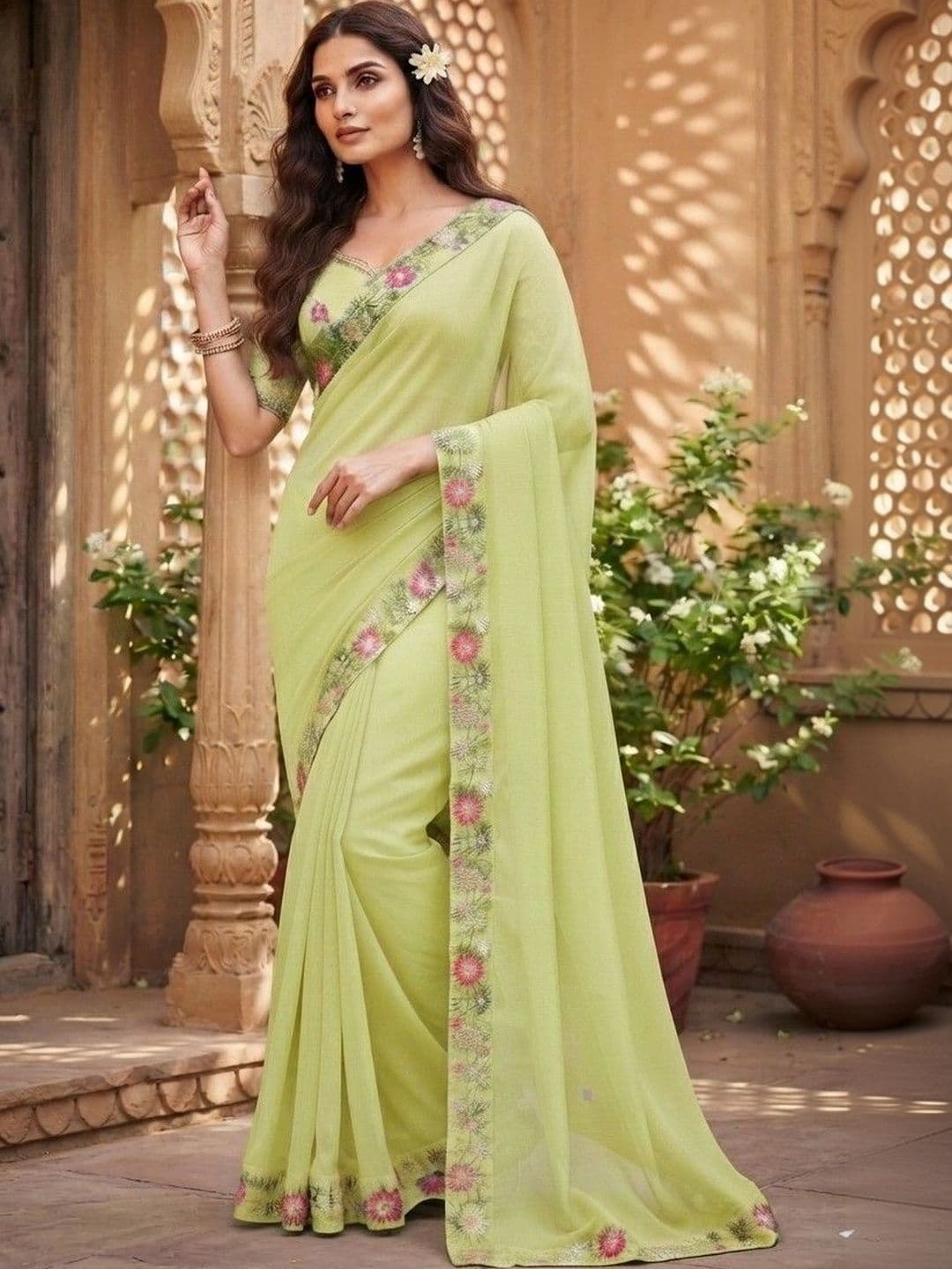 SmileyFashion Floral Embroidered Art Silk Saree - view 1