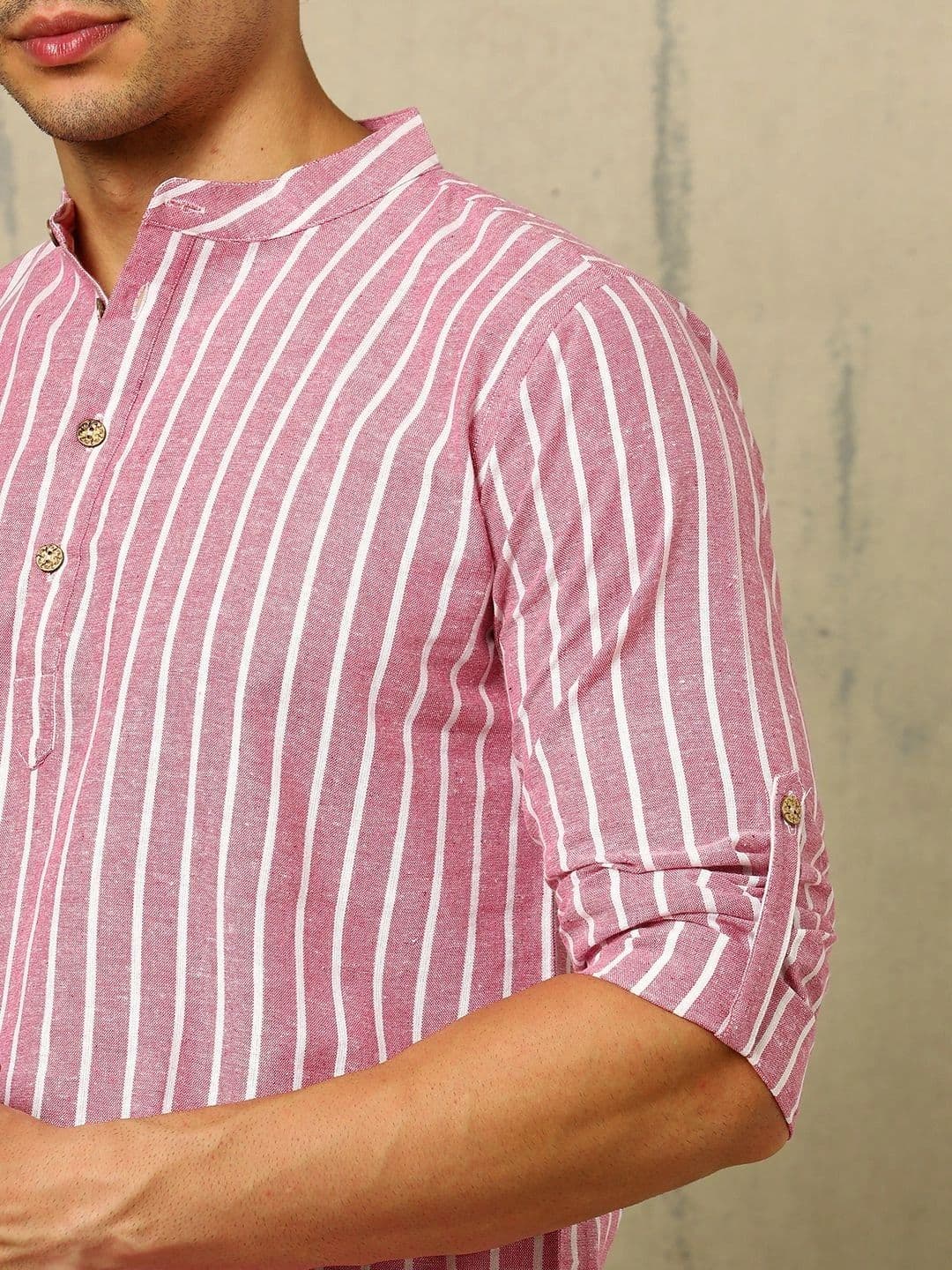 Anouk Woven Design Striped Cotton Handloom Mandarin Collar Short Kurta thumbnail 6