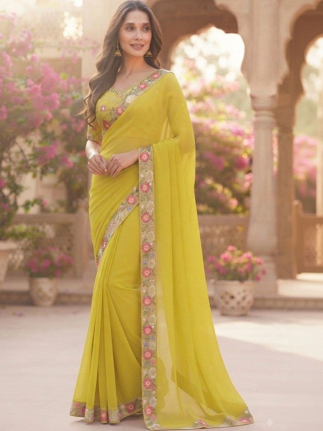 SmileyFashion Floral Embroidered Art Silk Saree - view 1