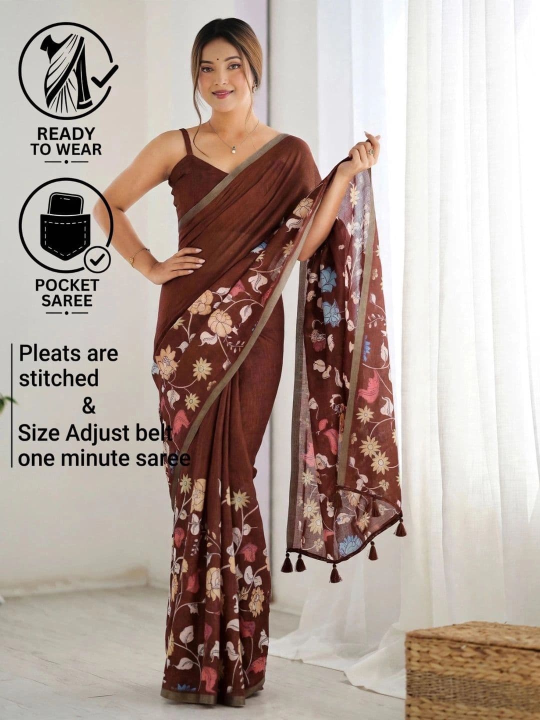 SAMANTHA Floral Linen Blend Belted Saree thumbnail 6