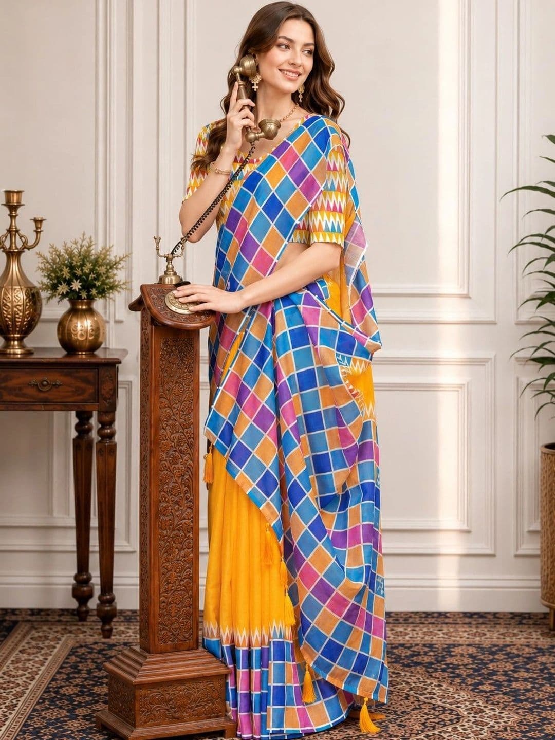 V3 FASHION STUDIO Checked Zari Linen Blend Handloom Block Print Saree thumbnail 6