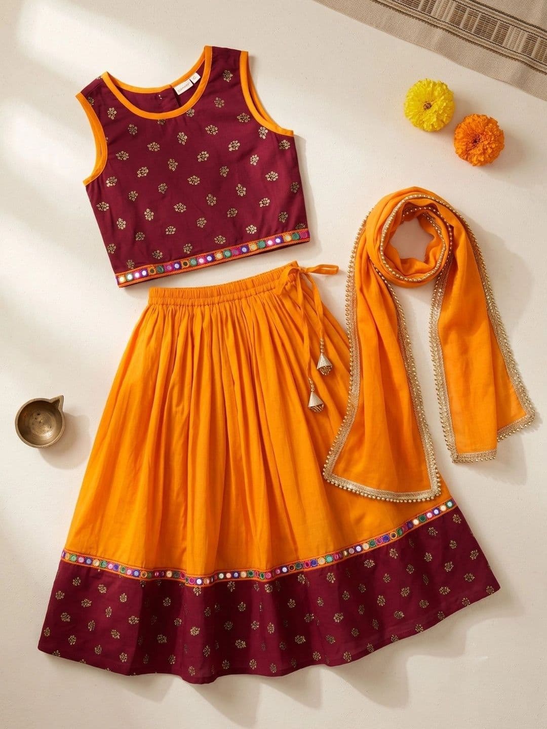 Desi Soota Girls Embellished Mirror Work Ready to Wear Lehenga & Blouse With Dupatta thumbnail 5