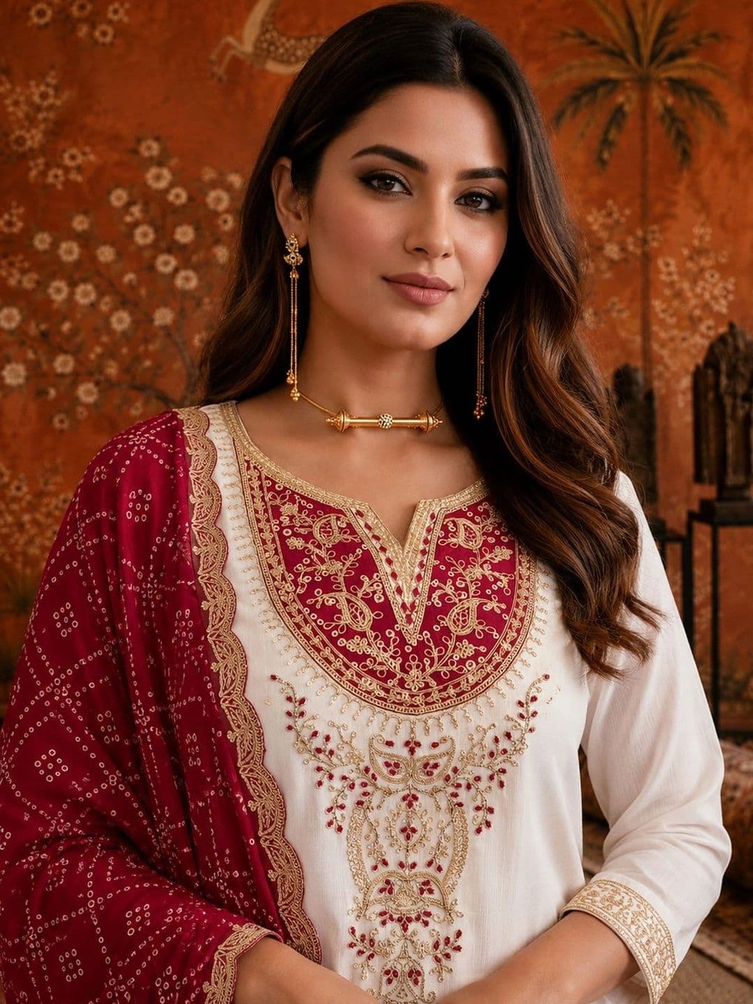 Sangria Women Ethnic Motifs Embroidered Regular Kurta with Trousers & With Dupatta thumbnail 3