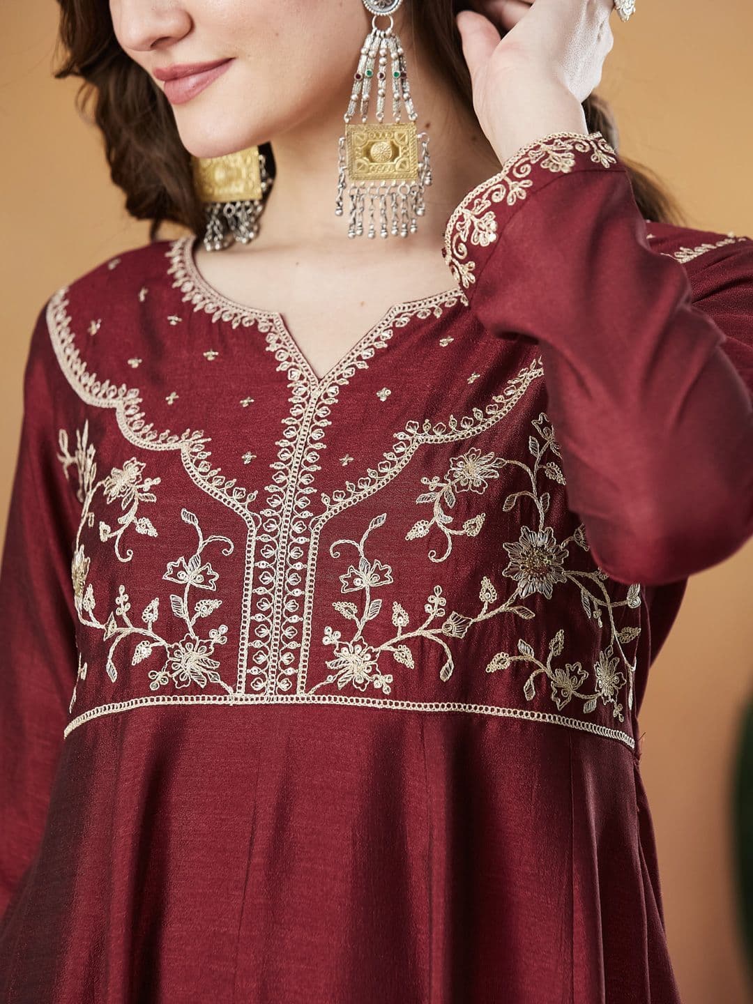 MOKOSH Women Silk Embroidered Anarkali Kurta And Pant Set With Dupatta thumbnail 6