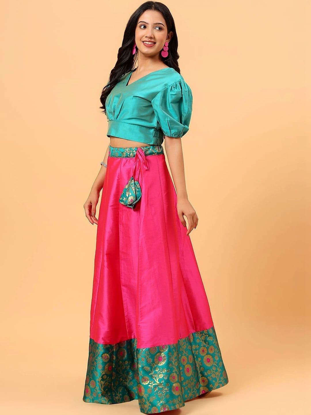 Frolic Rolic Floral Silk Border Skirt & Solid Silk Blouse Set thumbnail 2