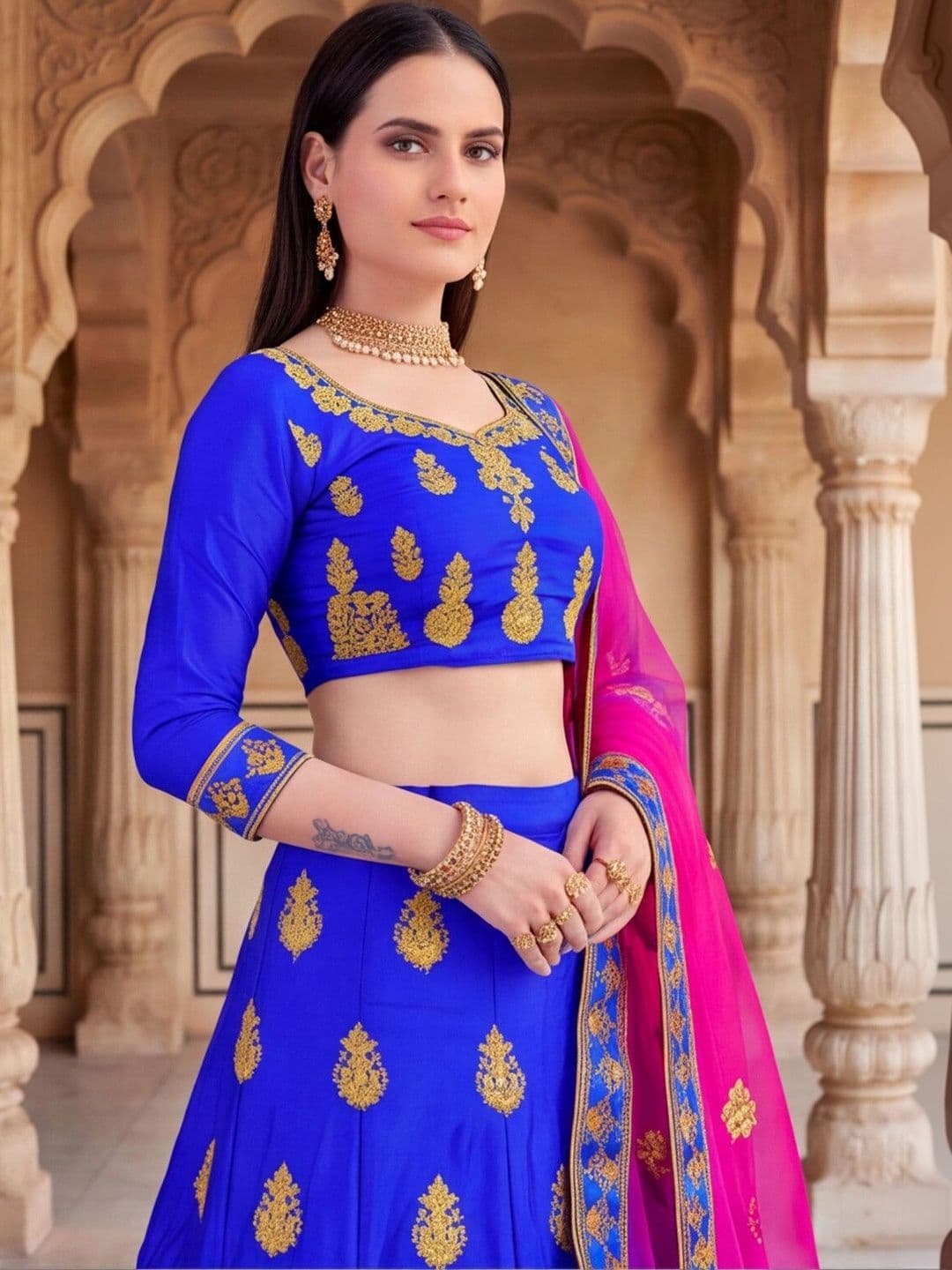 Mitera Embroidered Semi-Stitched Lehenga & Unstitched Blouse With Dupatta thumbnail 5