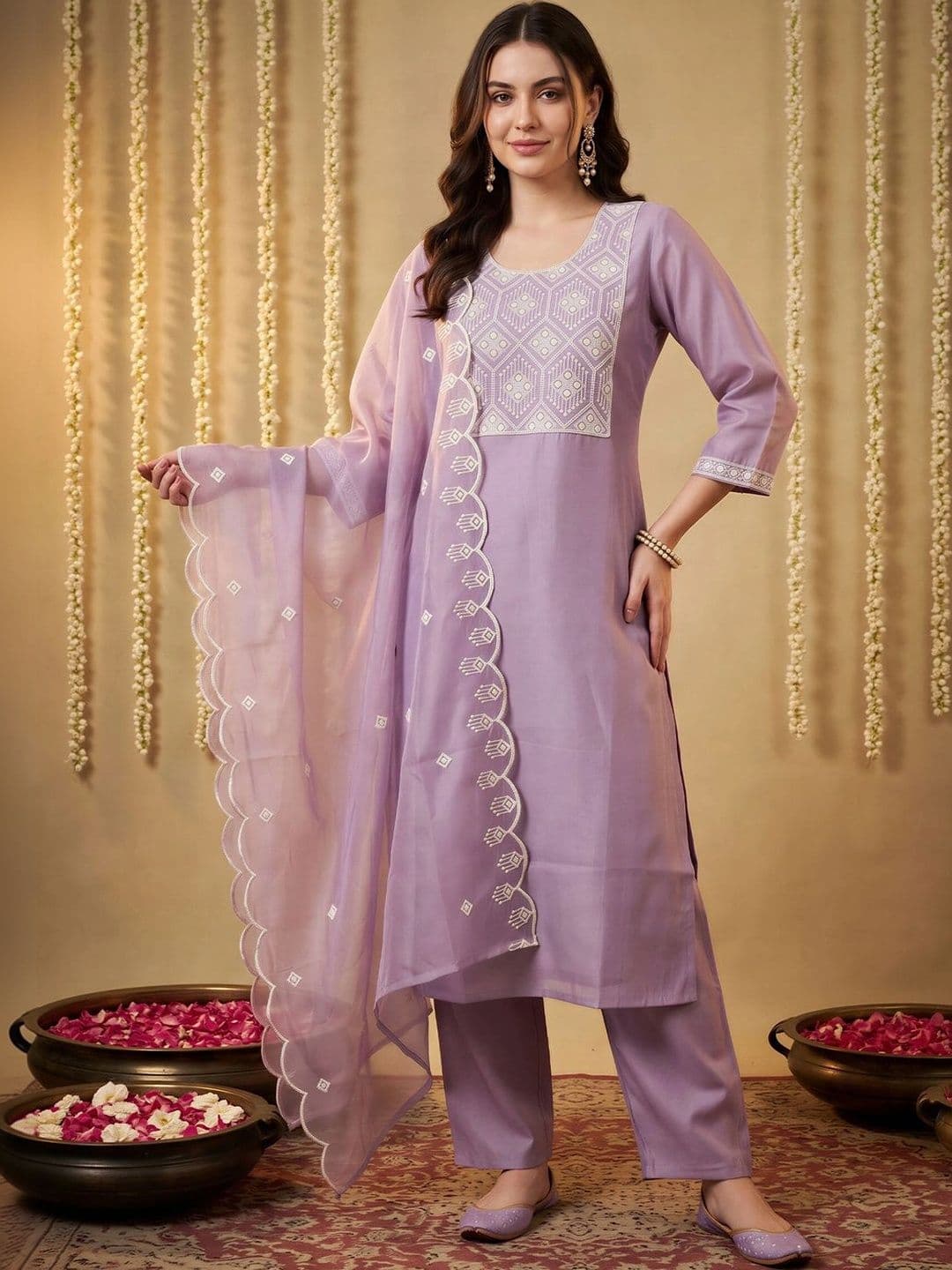Indo Era Women Ethnic Motifs Embroidered Regular Thread Work Kurta with Trousers & With Dupatta - view 1