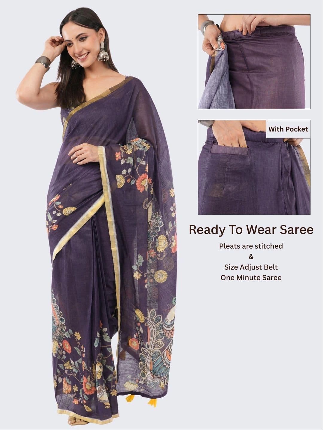 SAMANTHA Floral Linen Blend Belted Saree thumbnail 2