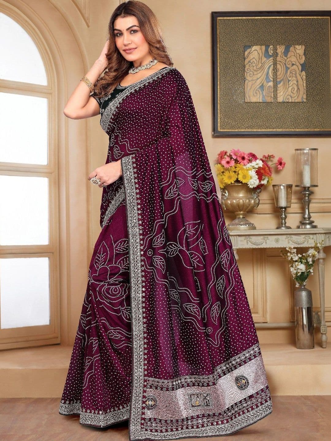 SmileyFashion Bandhani Embroidered Art Silk Designer Saree thumbnail 3