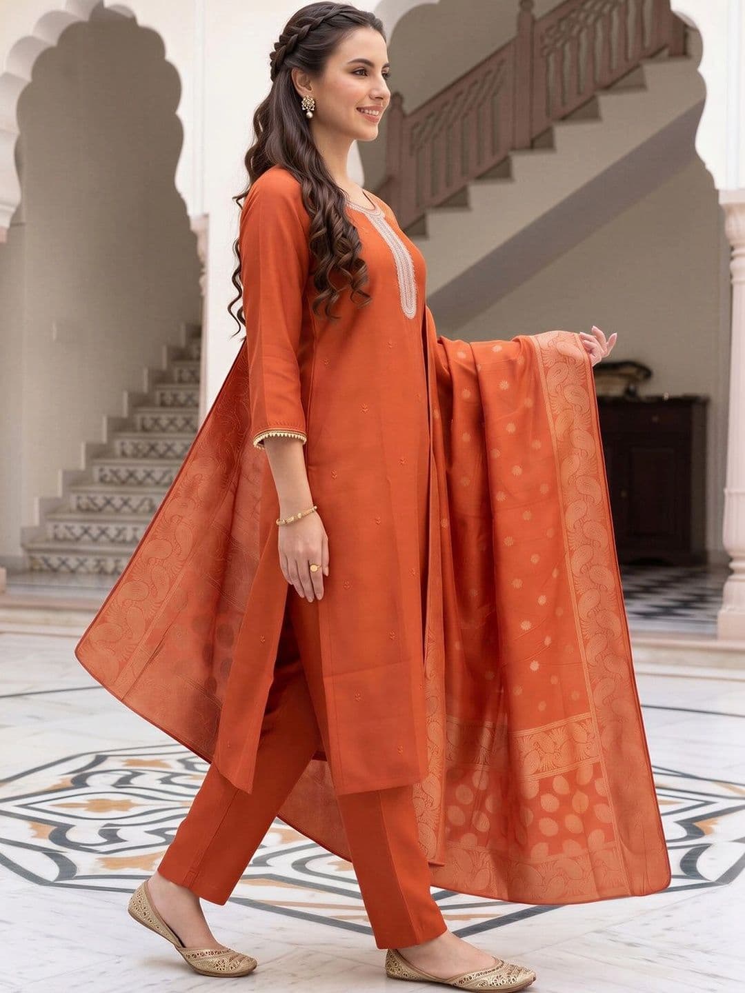Indo Era Women Ethnic Motifs Embroidered Regular Thread Work Kurta with Trousers & With Dupatta thumbnail 3