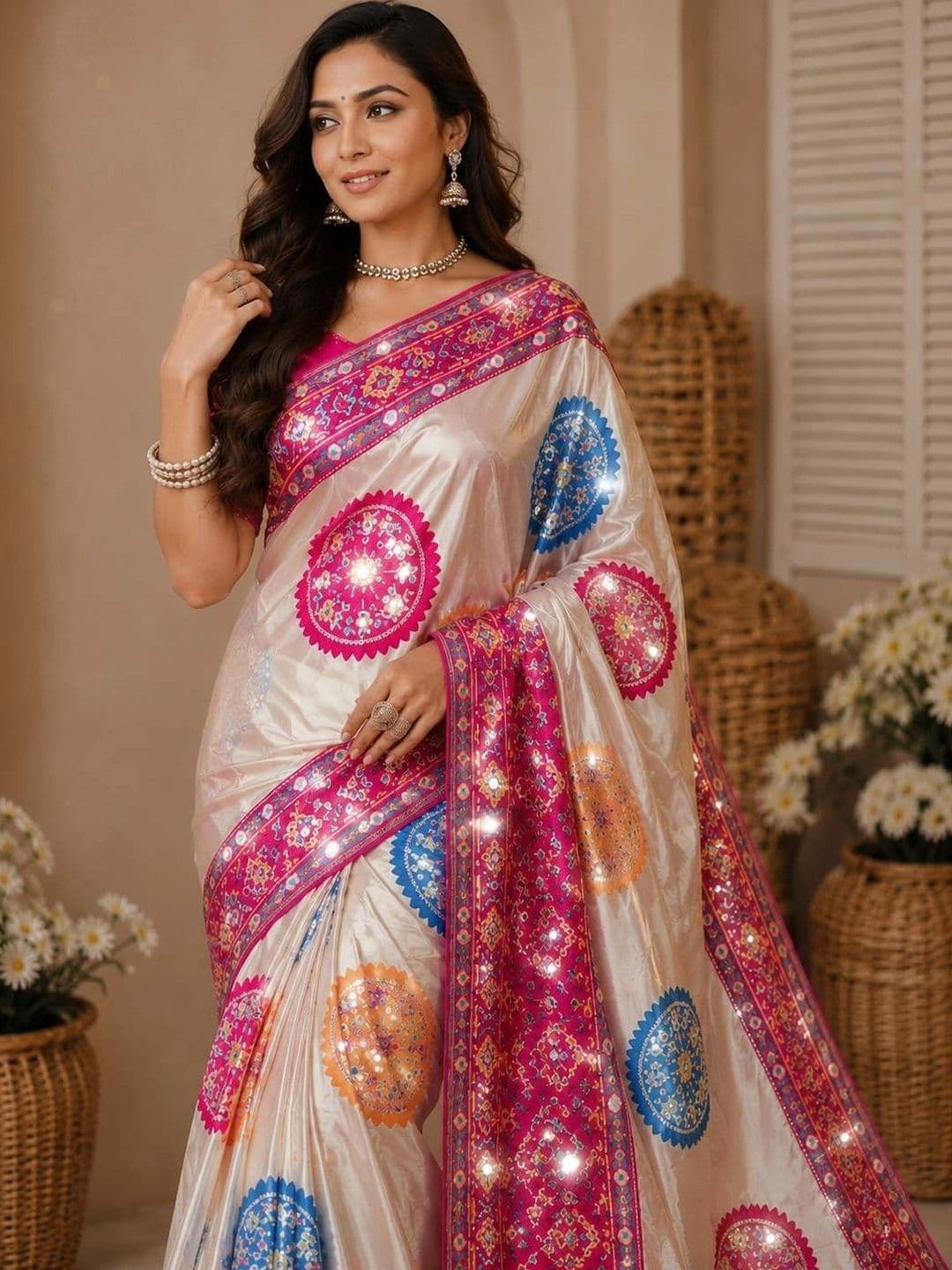 DJV Fashion Woven Design Mirror Work Silk Blend Bagh Saree - view 1