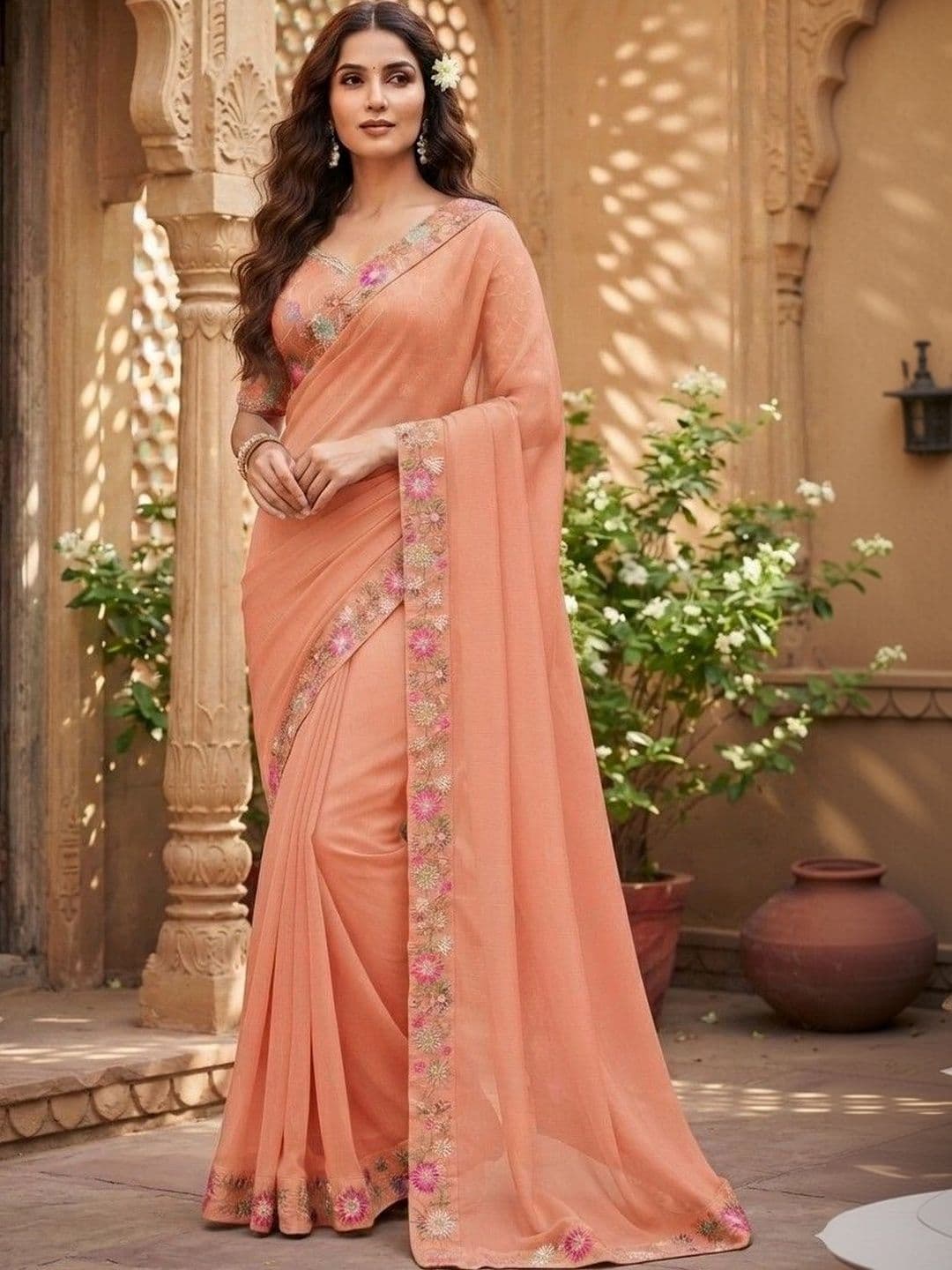 SmileyFashion Floral Embroidered Art Silk Saree - view 1