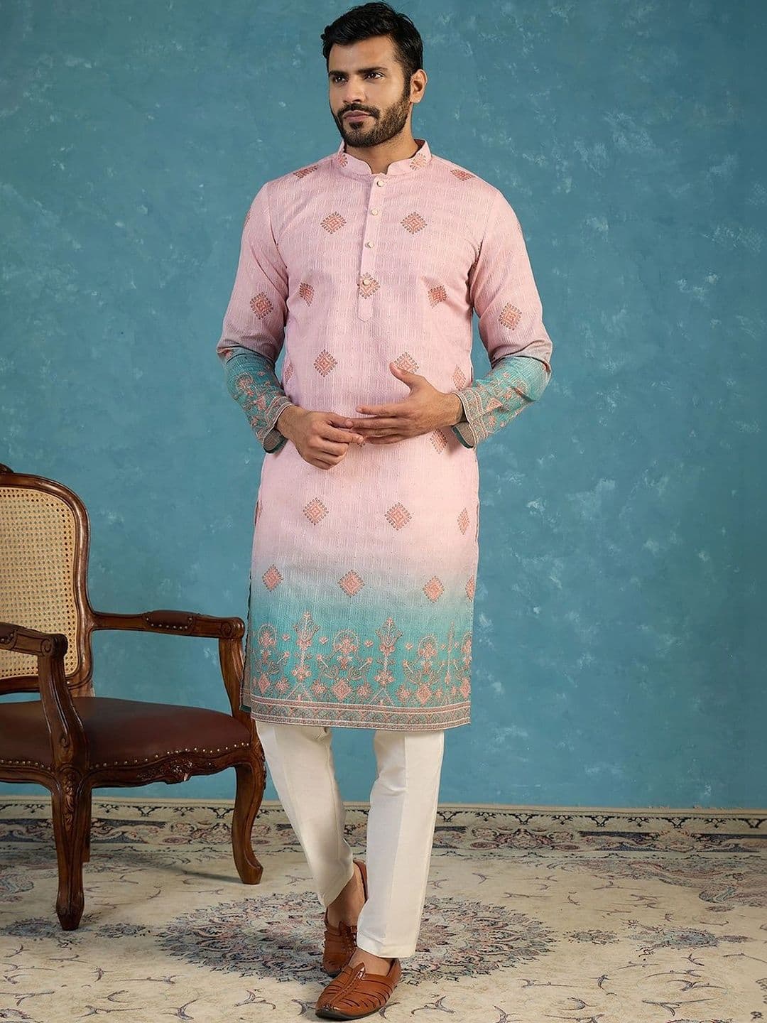 House of Pataudi Floral Woven Design Mandarin Collar Straight Kurta thumbnail 7