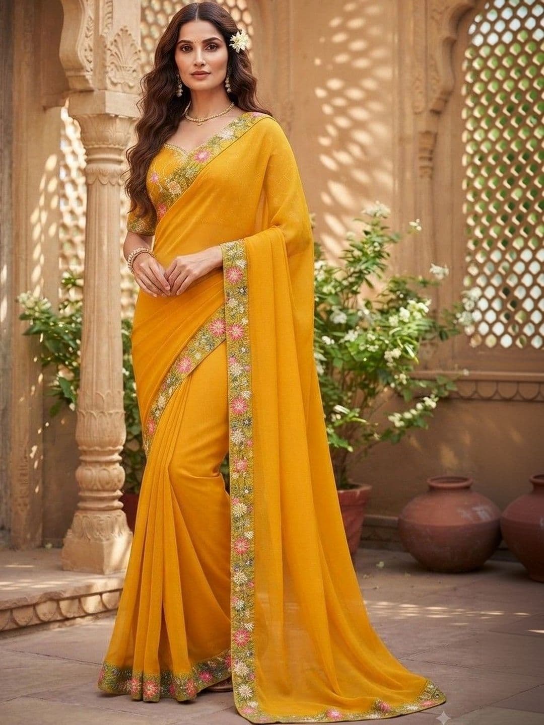 SmileyFashion Floral Embroidered Art Silk Saree thumbnail 3