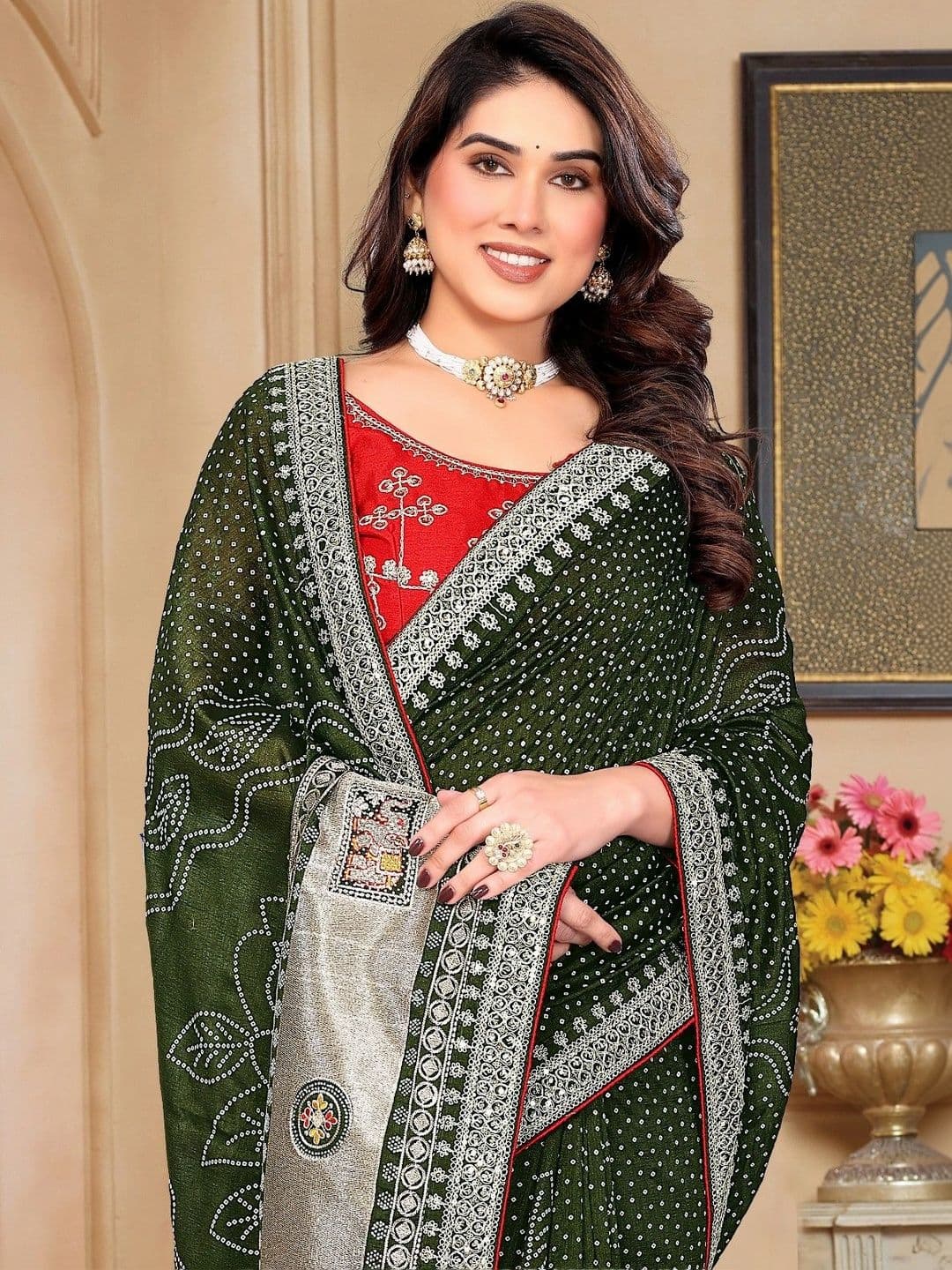 SmileyFashion Bandhani Embroidered Art Silk Designer Saree thumbnail 3