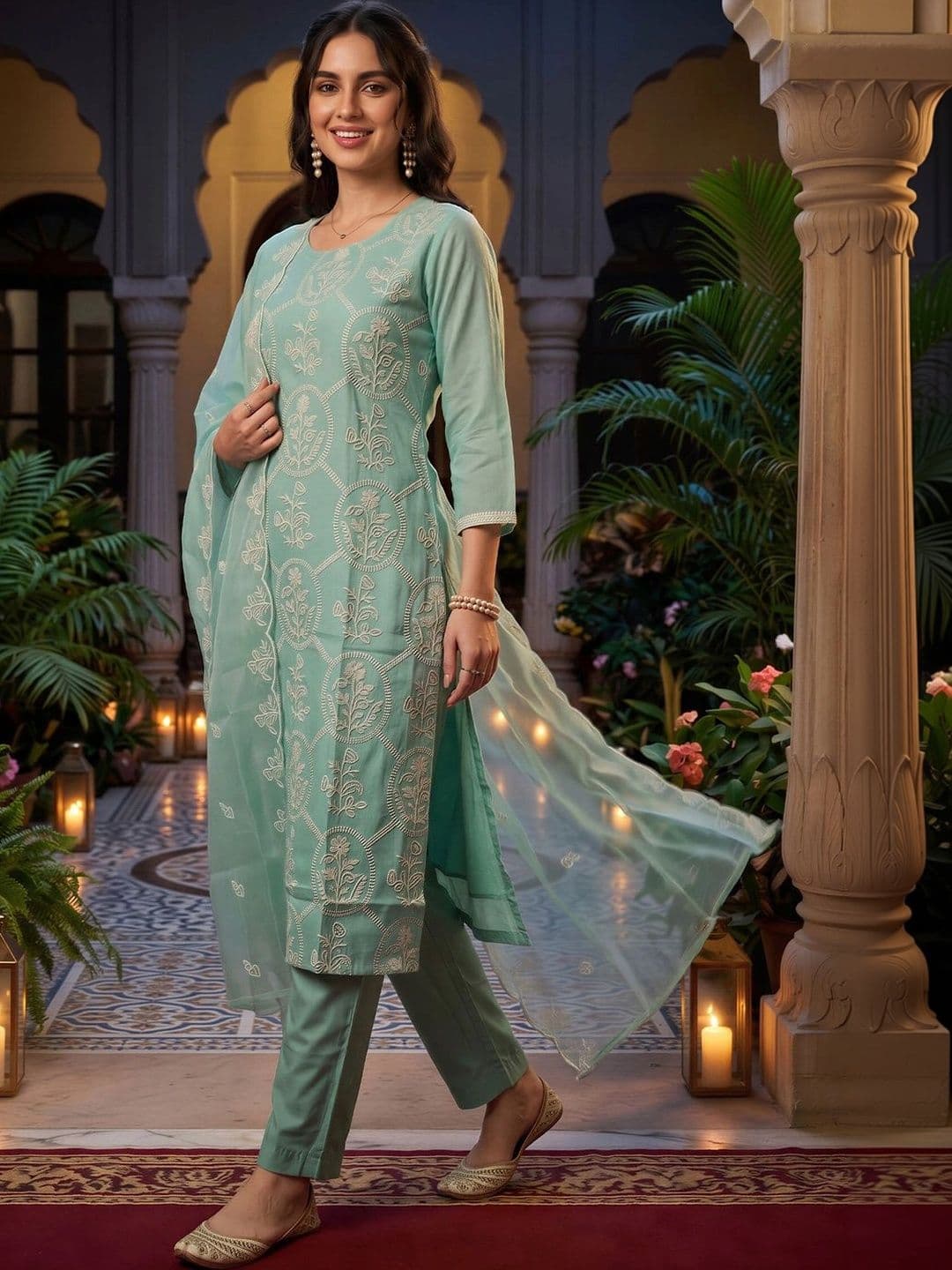 Indo Era Women Ethnic Motifs Embroidered Regular Thread Work Kurta with Trousers & With Dupatta - view 1