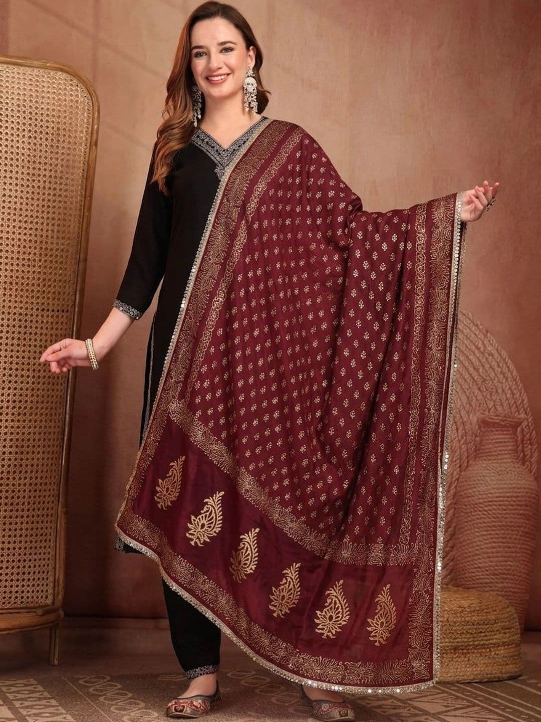 Clora Creation Ethnic Motifs Foil Print Dupatta with Sequinned - view 1