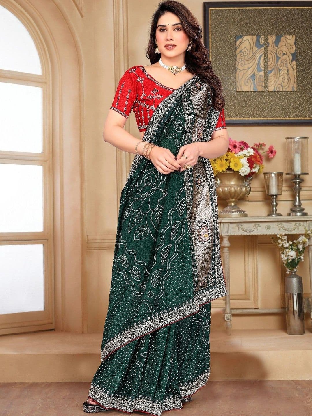SmileyFashion Bandhani Embroidered Art Silk Designer Saree thumbnail 2