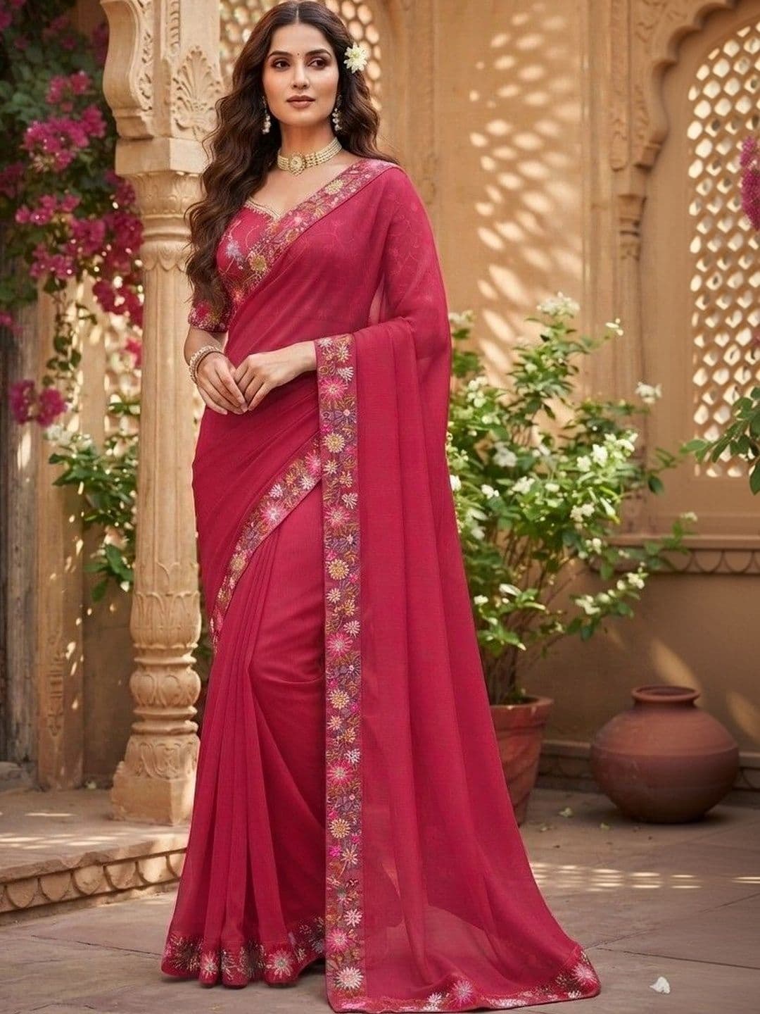 SmileyFashion Floral Embroidered Art Silk Saree - view 1