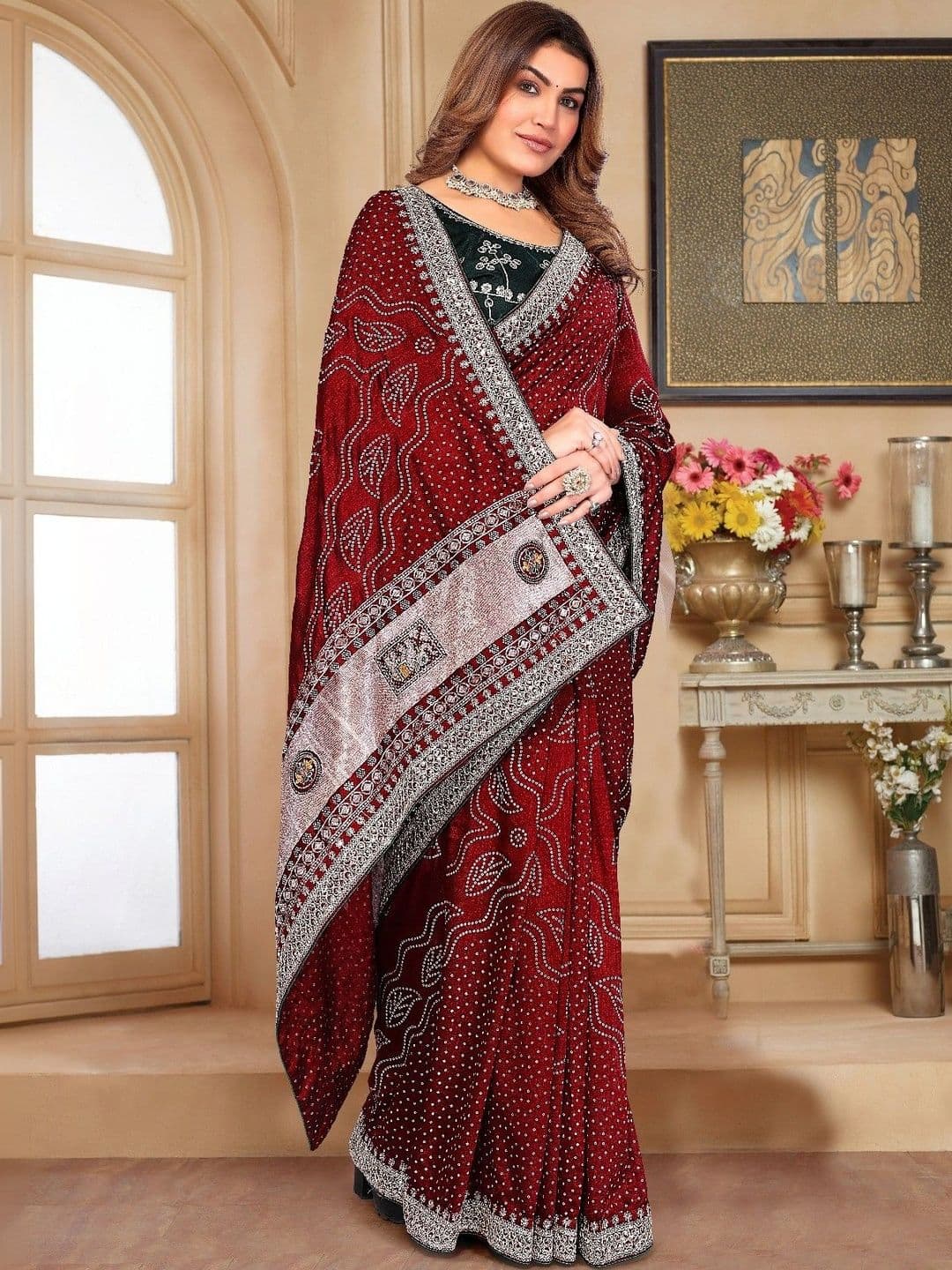 SmileyFashion Embellished Embroidered Art Silk Designer Saree thumbnail 5