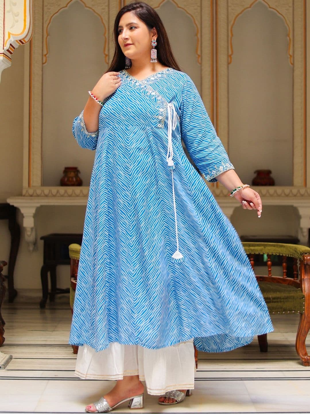 KALINI Plus Size Printed Mirror Work Angrakha Kurta thumbnail 2
