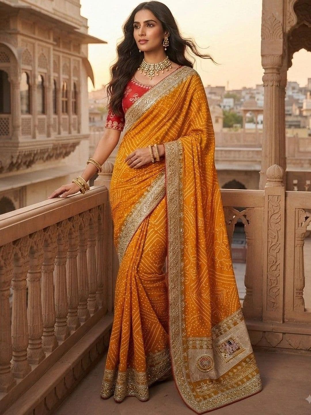 SmileyFashion Bandhani Zari Art Silk Designer Saree thumbnail 3