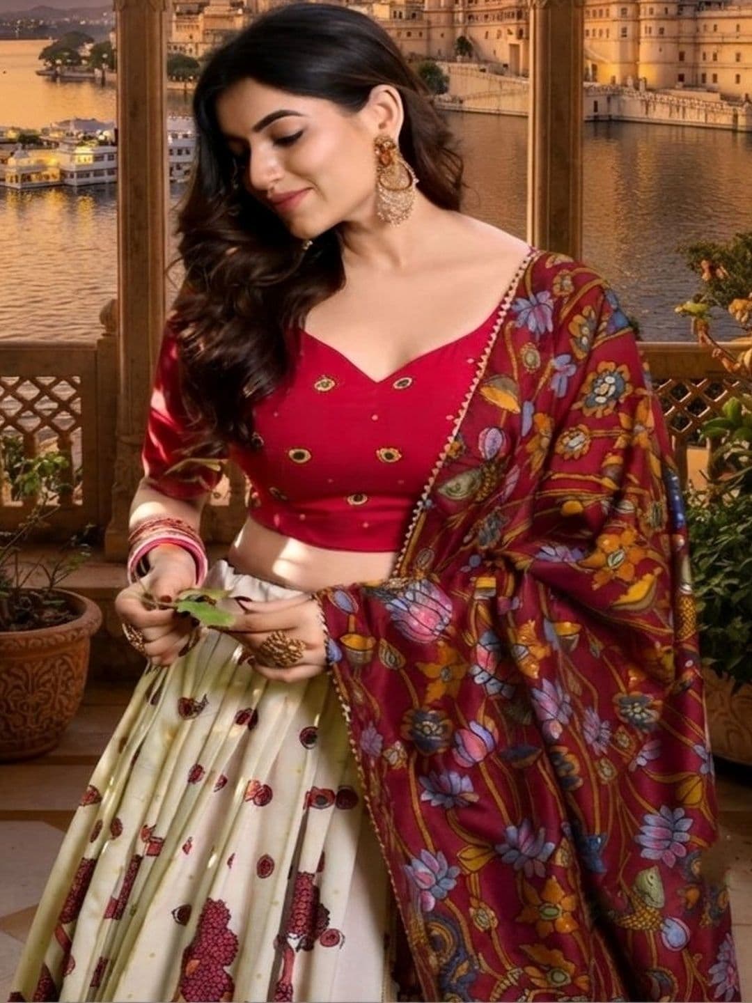 Anouk Women Embroidered Kalamkari Semi-Stitched Lehenga & Unstitched Blouse With Dupatta thumbnail 3