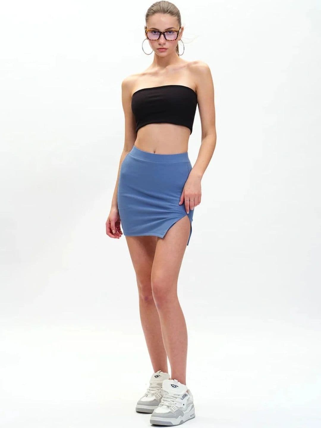 Bonkers Corner Dusty Blue Solid A-Line Slit Skirt For Women thumbnail 2