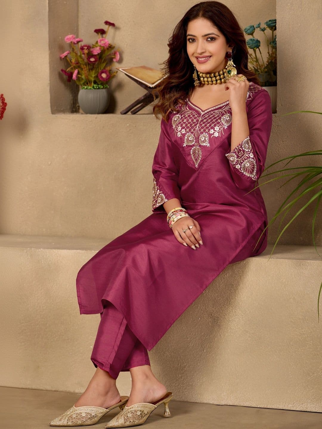 Sangria Embroidered Tunic with Trousers thumbnail 3
