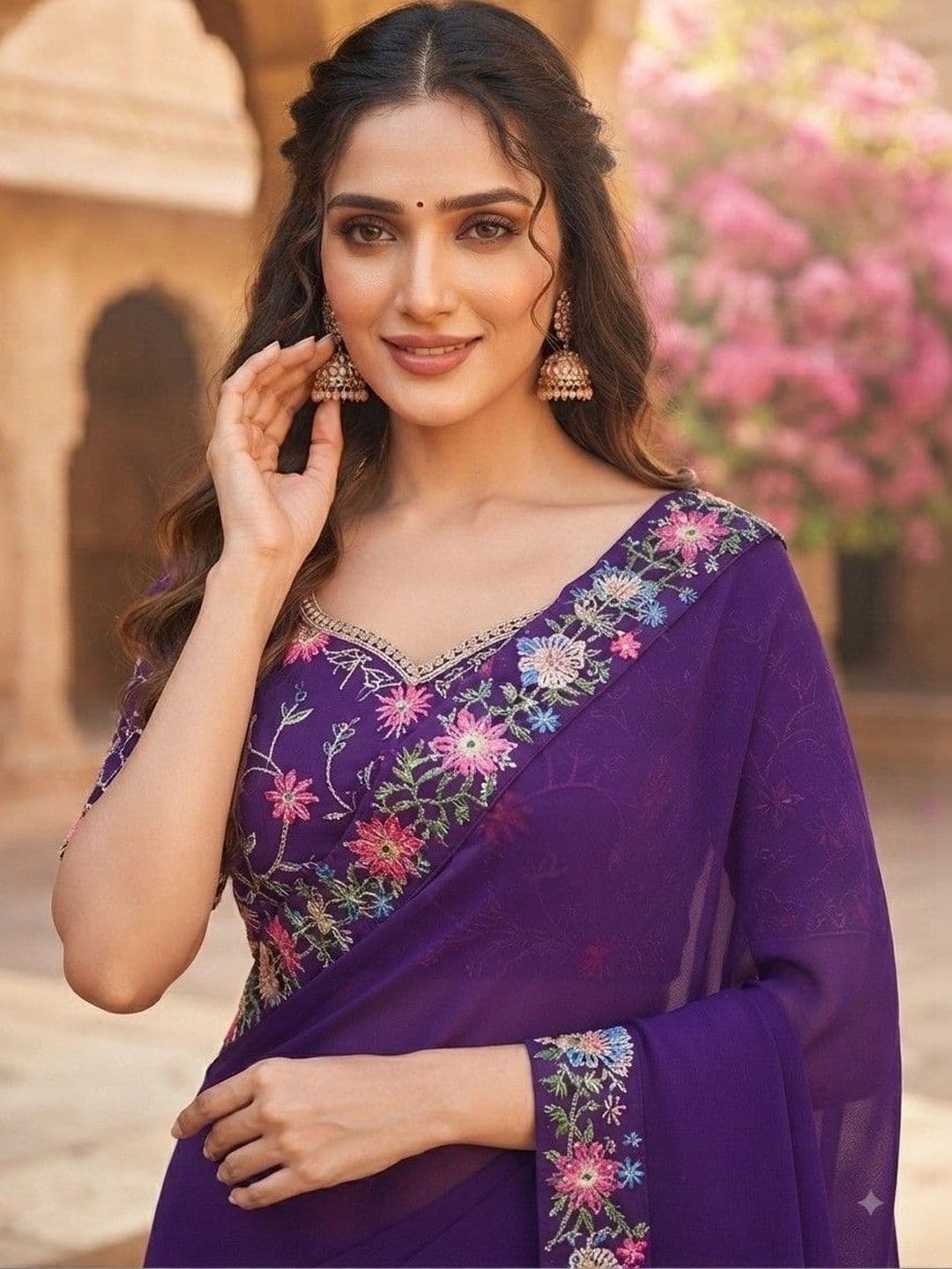 SmileyFashion Floral Art Silk Saree thumbnail 5
