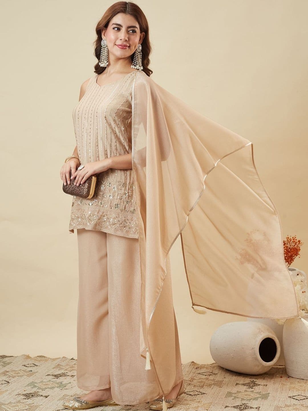 MOKOSH Women Ethnic Motifs Embroidered Silk Kurta with Palazzos & Dupatta thumbnail 3