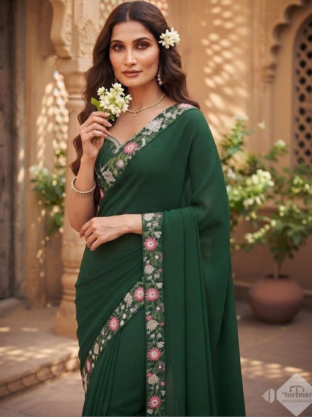 SmileyFashion Floral Art Silk Saree thumbnail 3