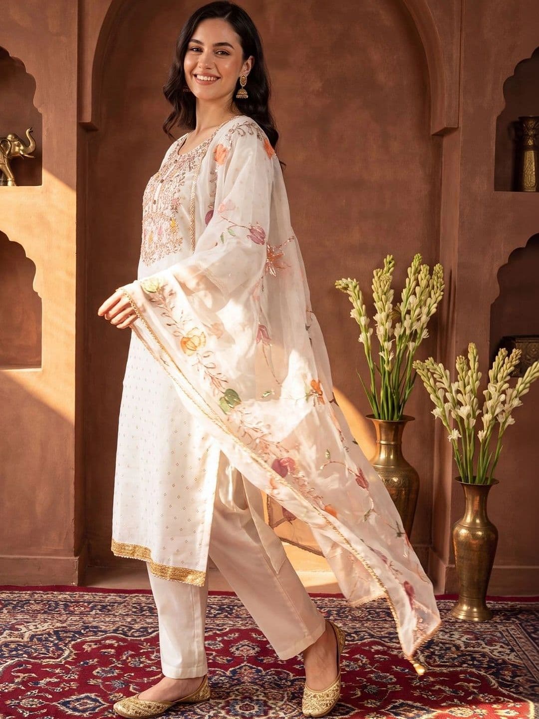 Indo Era Women Ethnic Motifs Embroidered Regular Sequinned Kurta with Trousers & With Dupatta thumbnail 4