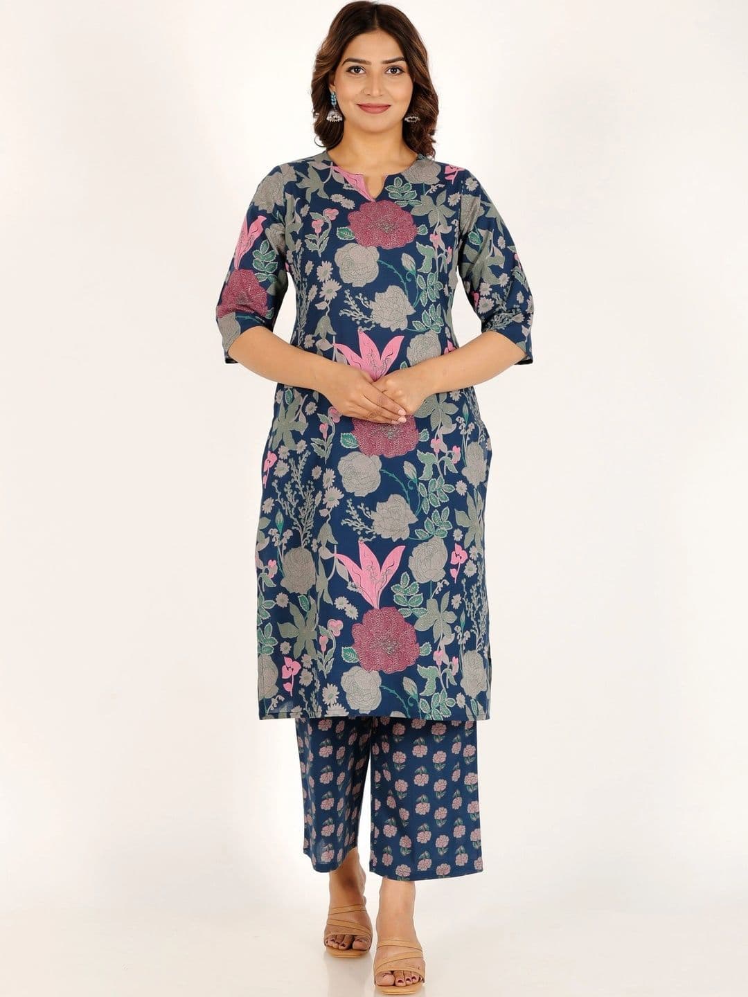 Aramya Women Floral Printed Regular Pure Cotton Kurta with Trousers - view 1